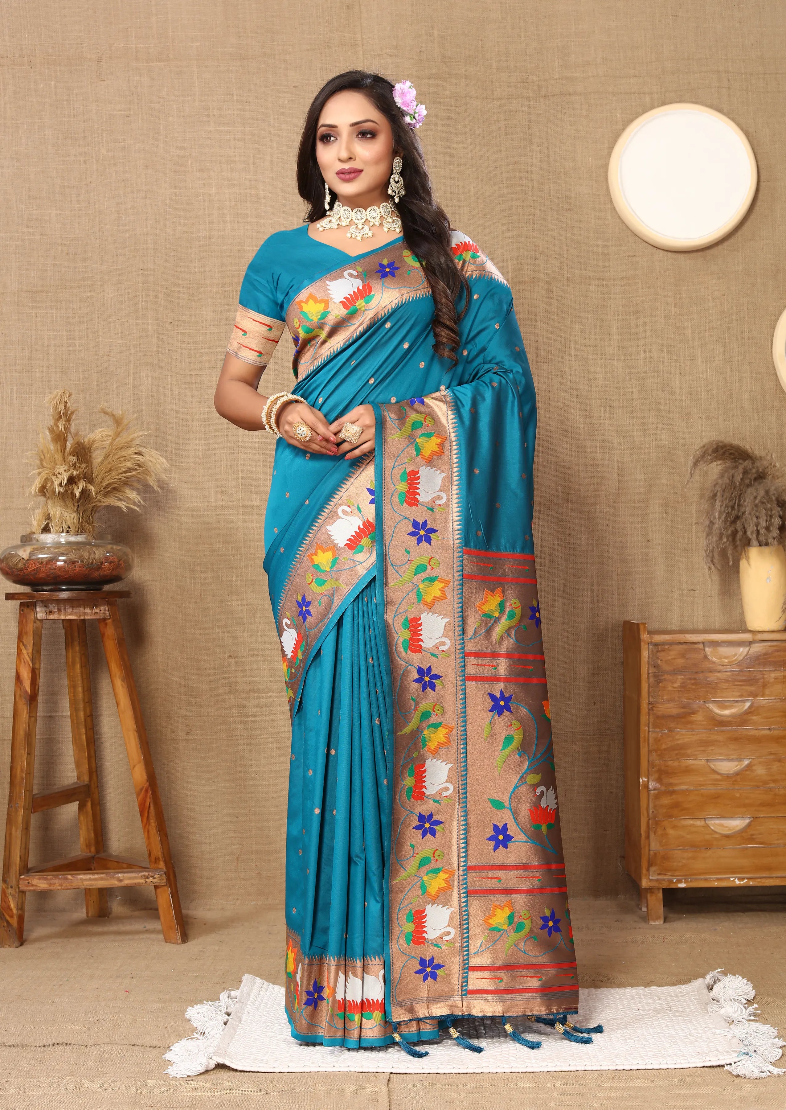 Soft Silk Meenakari Rajhans Lotus Pallu Zari Woven Saree (Product Code: AS-722)