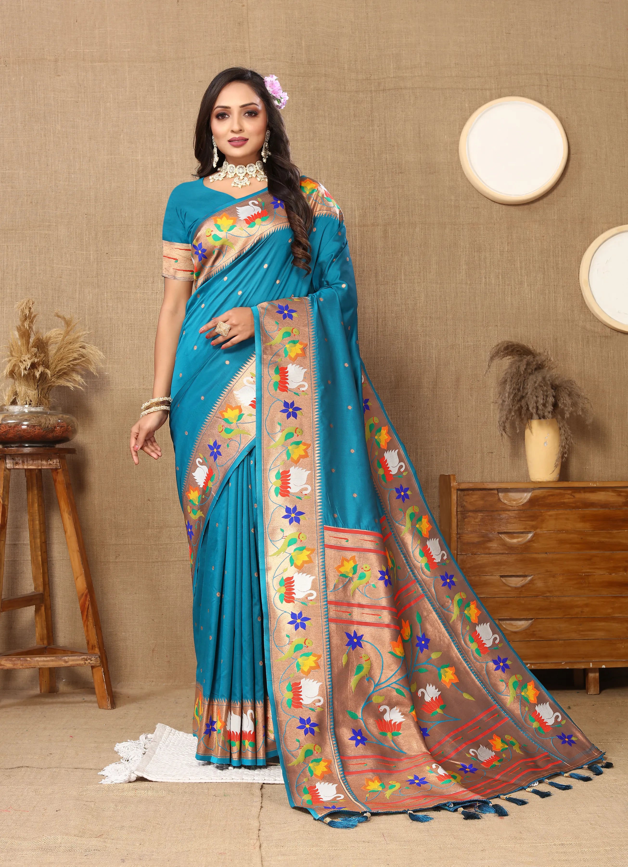 Soft Silk Meenakari Rajhans Lotus Pallu Zari Woven Saree (Product Code: AS-722)