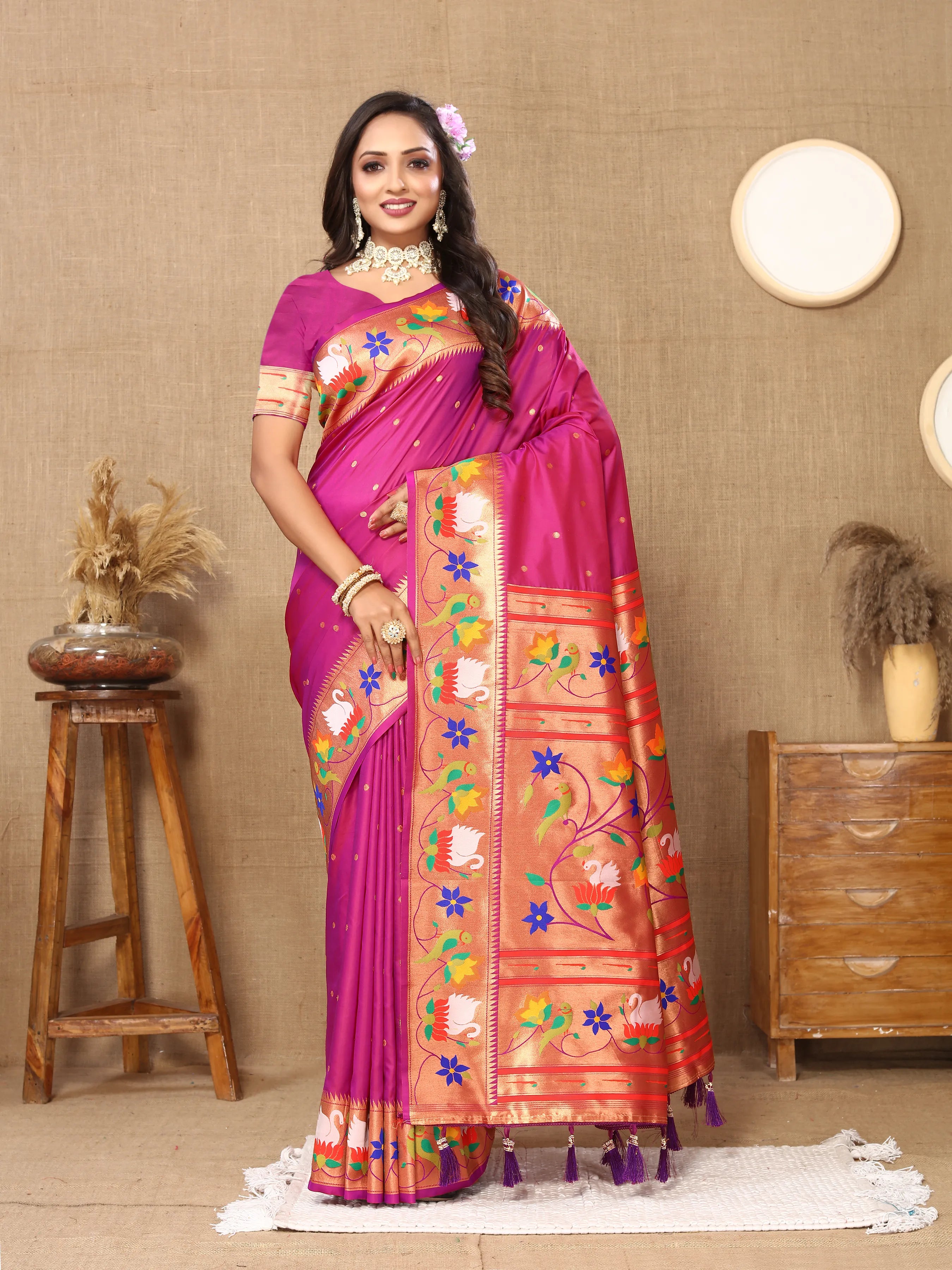 Soft Silk Meenakari Rajhans Lotus Pallu Zari Woven Saree (Product Code: AS-722)