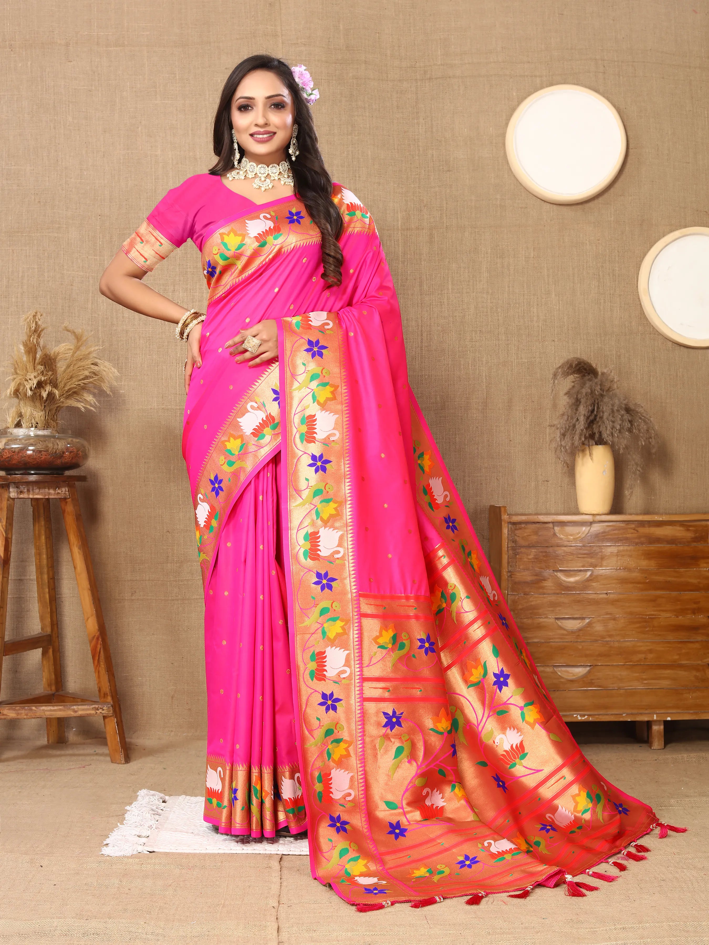 Soft Silk Meenakari Rajhans Lotus Pallu Zari Woven Saree (Product Code: AS-722)