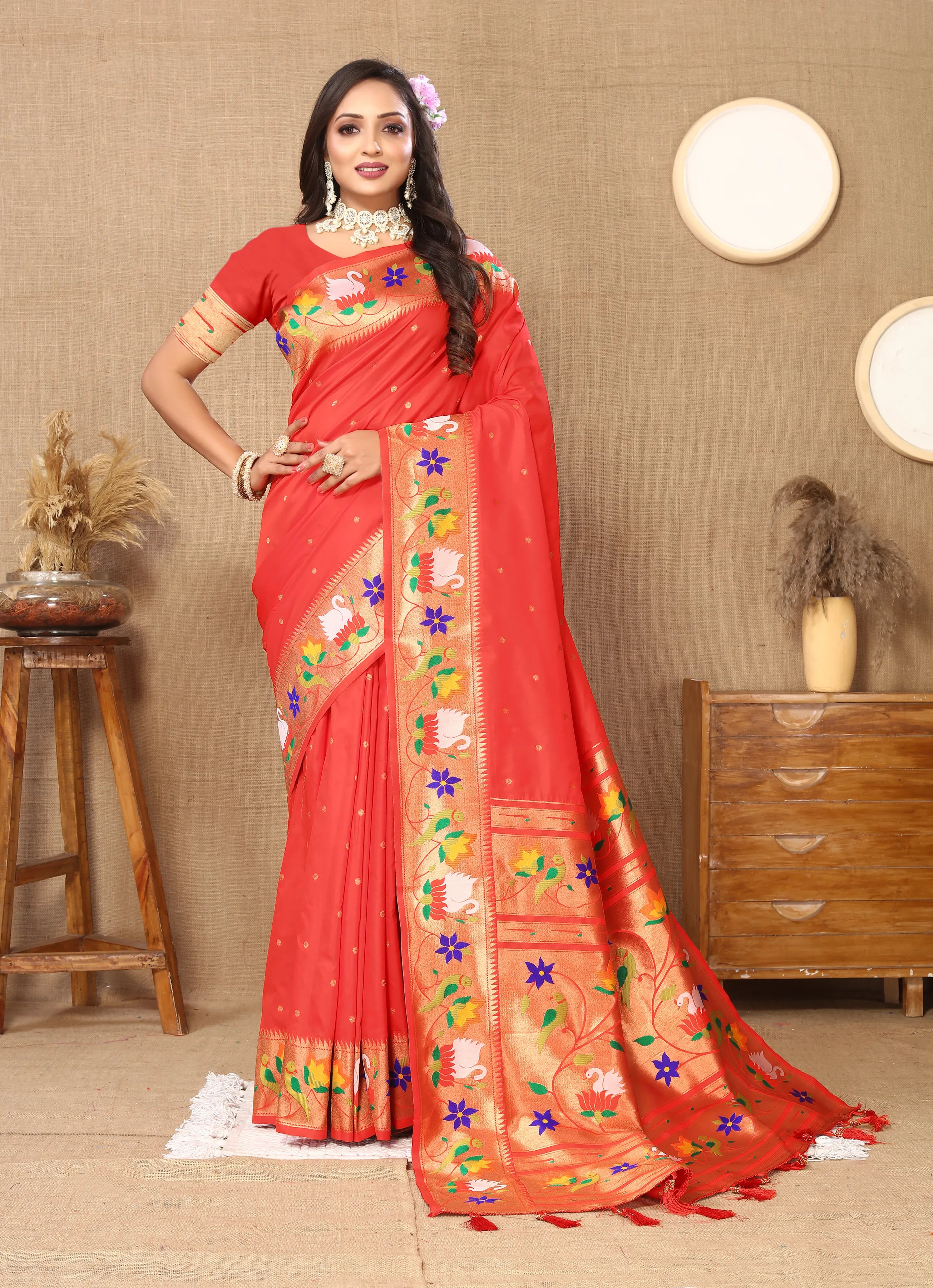 Soft Silk Meenakari Rajhans Lotus Pallu Zari Woven Saree (Product Code: AS-722)