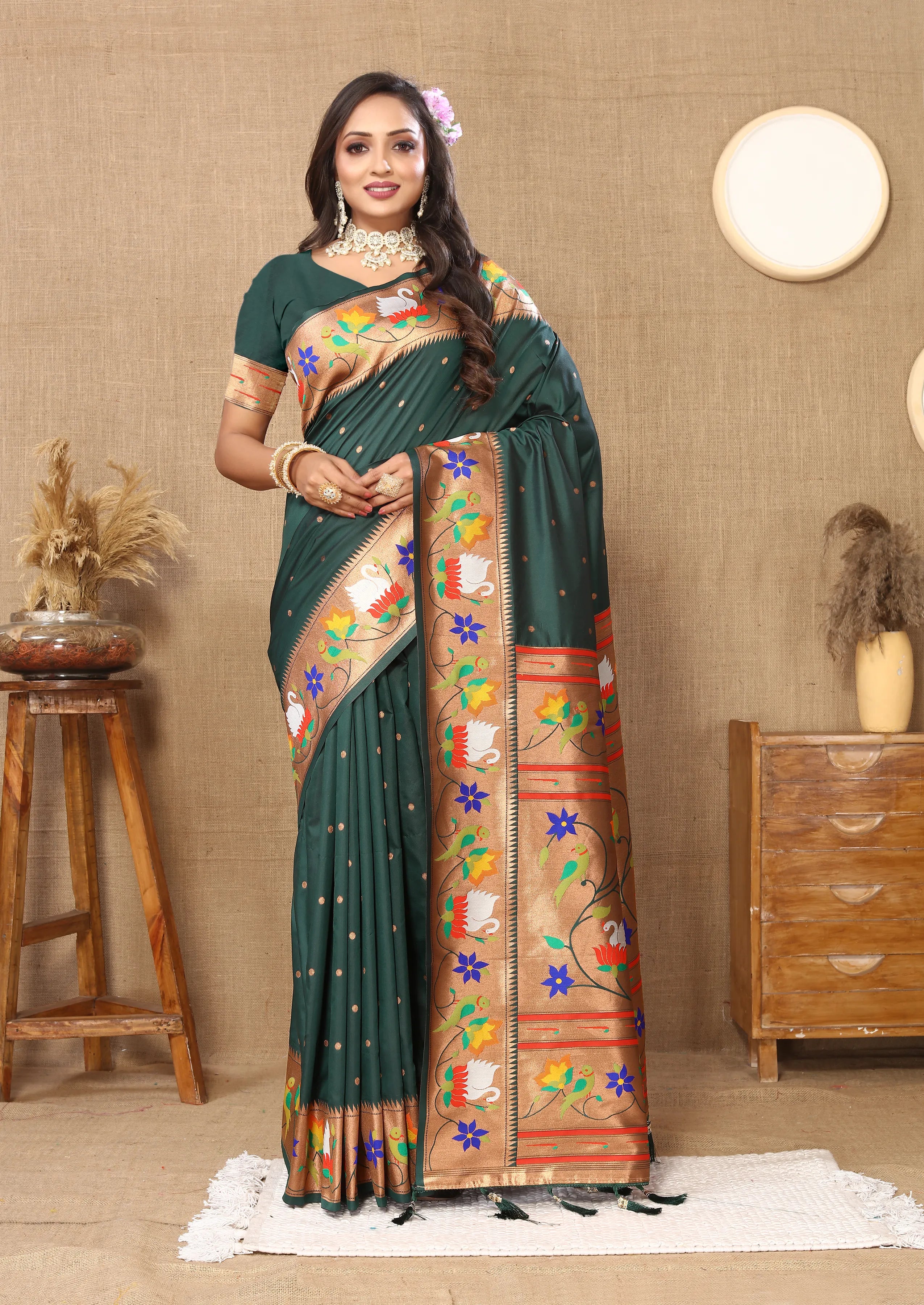 Soft Silk Meenakari Rajhans Lotus Pallu Zari Woven Saree (Product Code: AS-722)