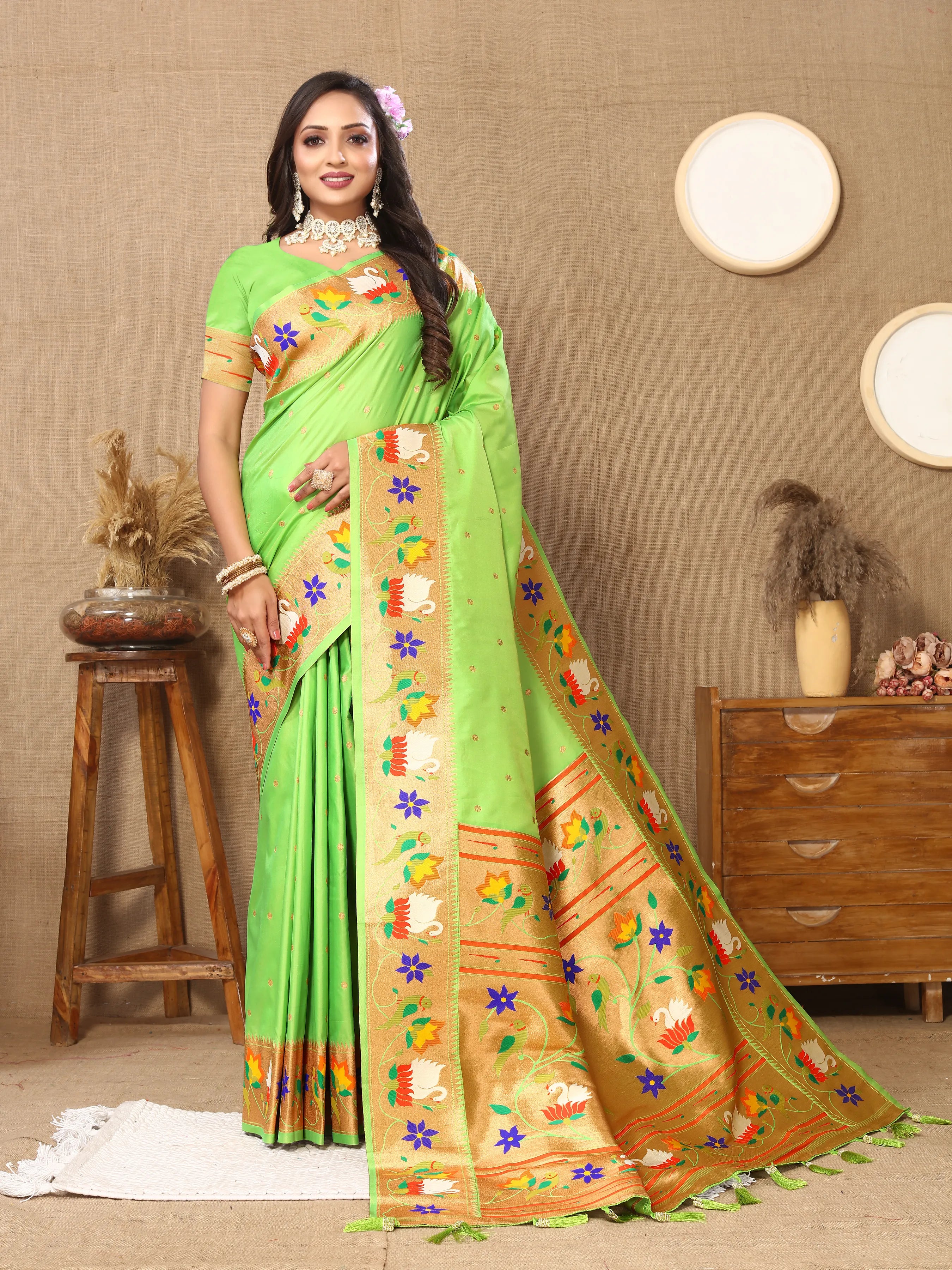 Soft Silk Meenakari Rajhans Lotus Pallu Zari Woven Saree (Product Code: AS-722)
