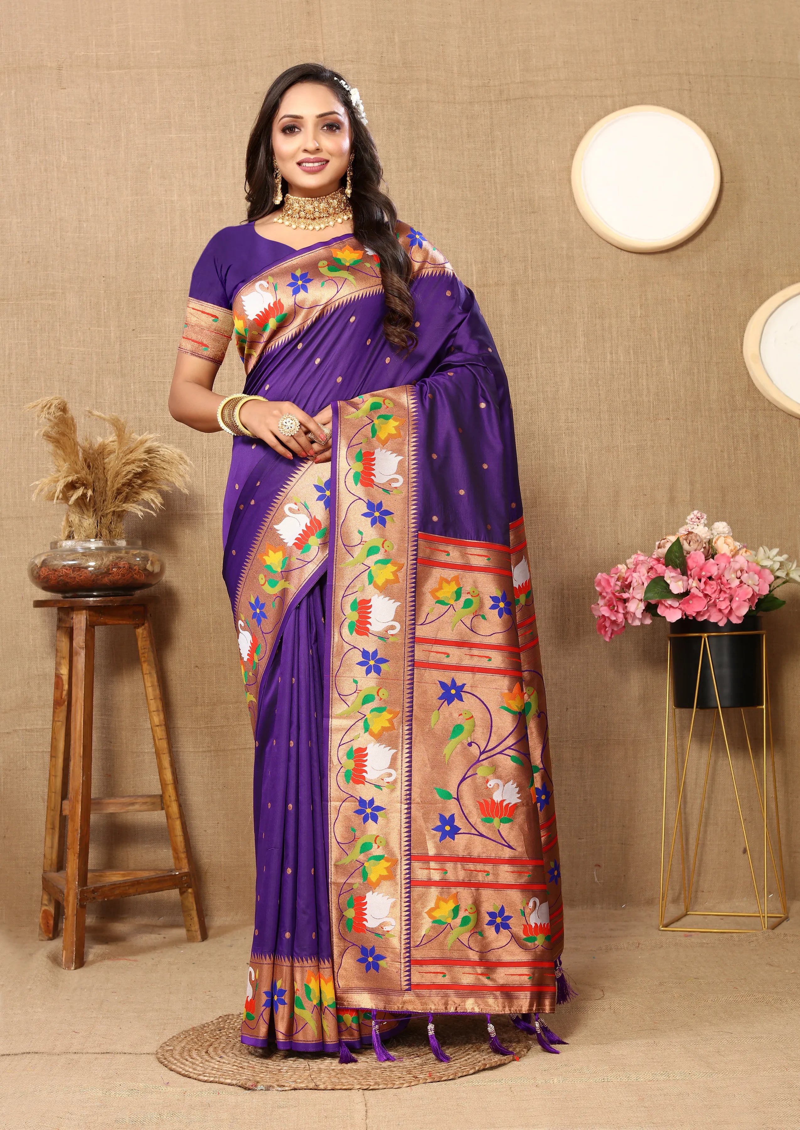 Soft Silk Meenakari Rajhans Lotus Pallu Zari Woven Saree (Product Code: AS-722)