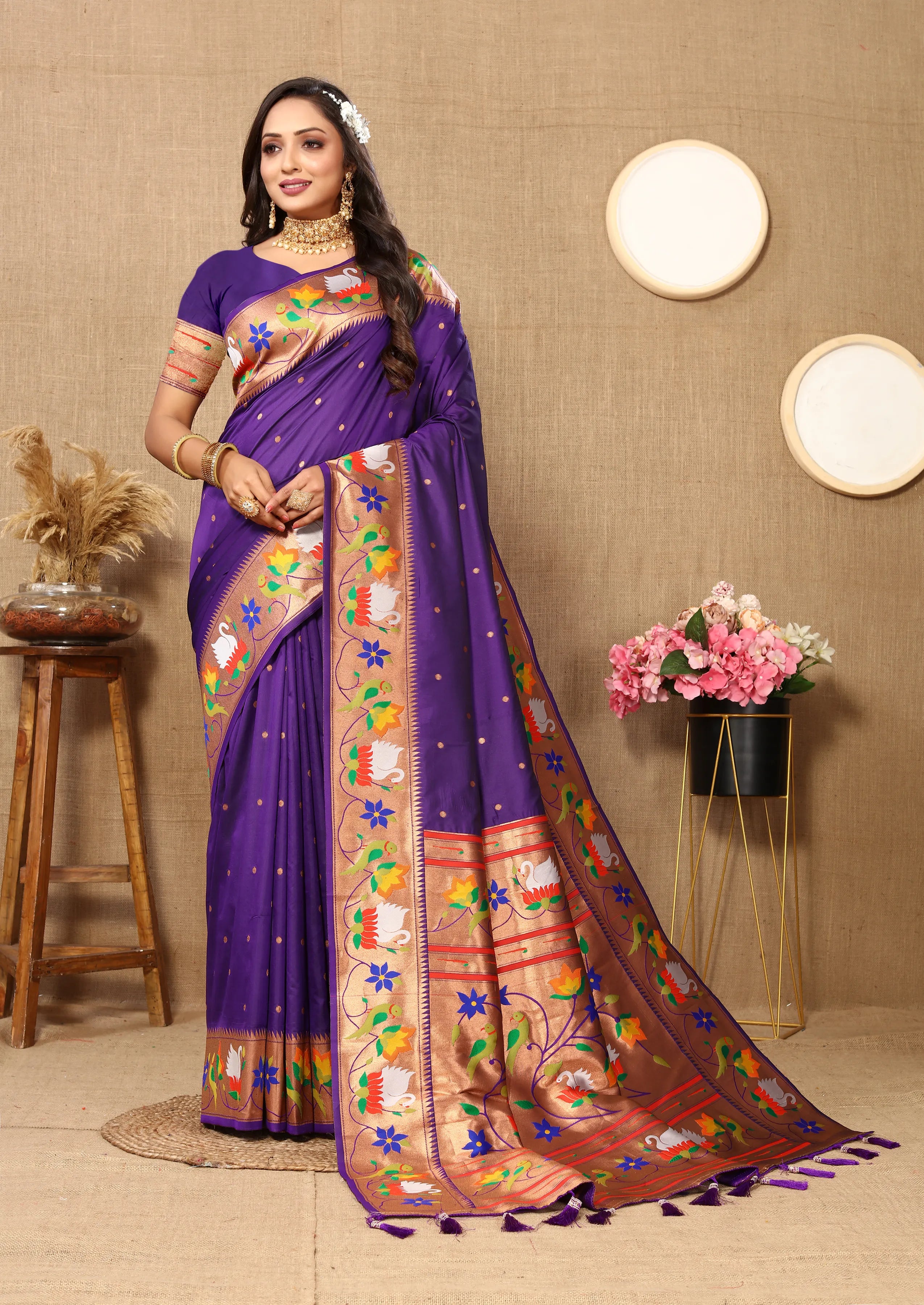 Soft Silk Meenakari Rajhans Lotus Pallu Zari Woven Saree (Product Code: AS-722)