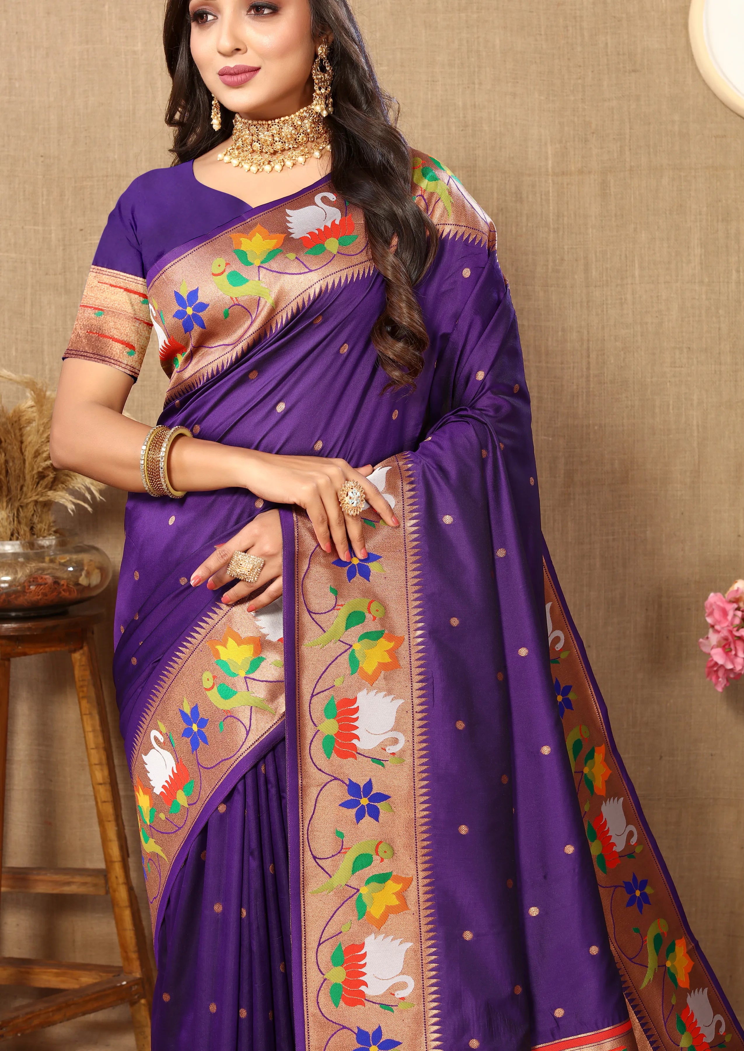 Soft Silk Meenakari Rajhans Lotus Pallu Zari Woven Saree (Product Code: AS-722)