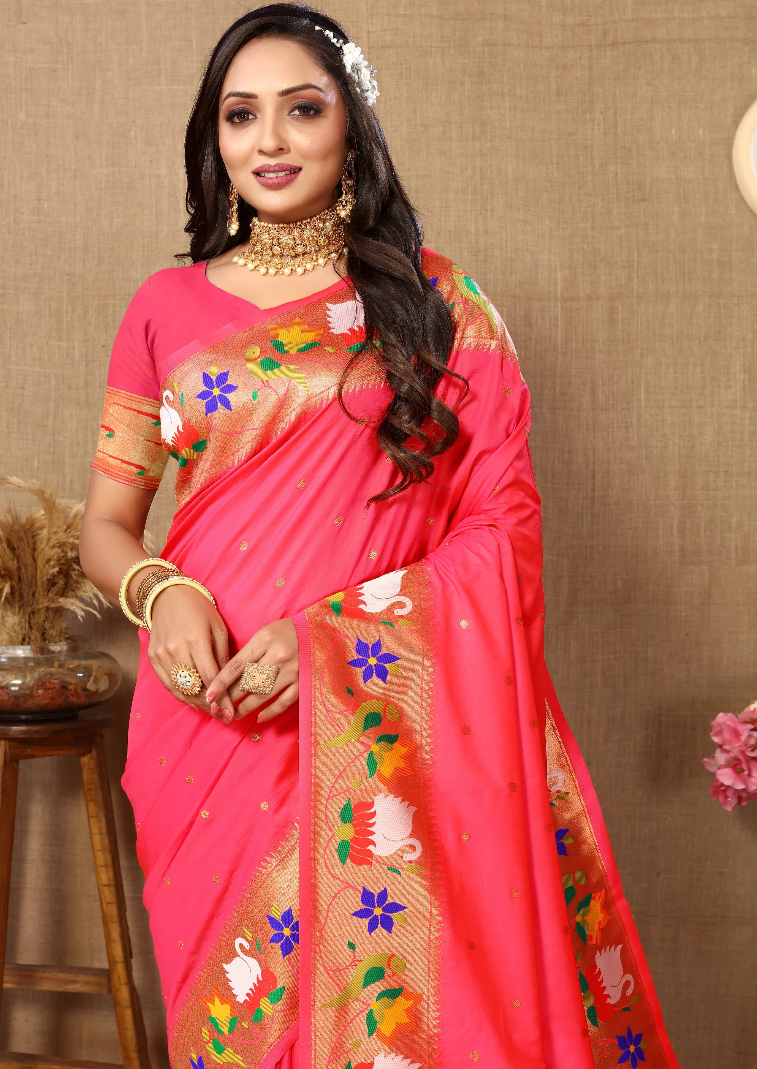 Soft Silk Meenakari Rajhans Lotus Pallu Zari Woven Saree (Product Code: AS-722)