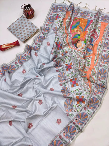 Soft Tussar Silk Madhubani Printed Saree