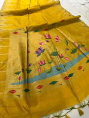 Soft Khadi Raw SIlk Lotus Pallu Paithani Saree