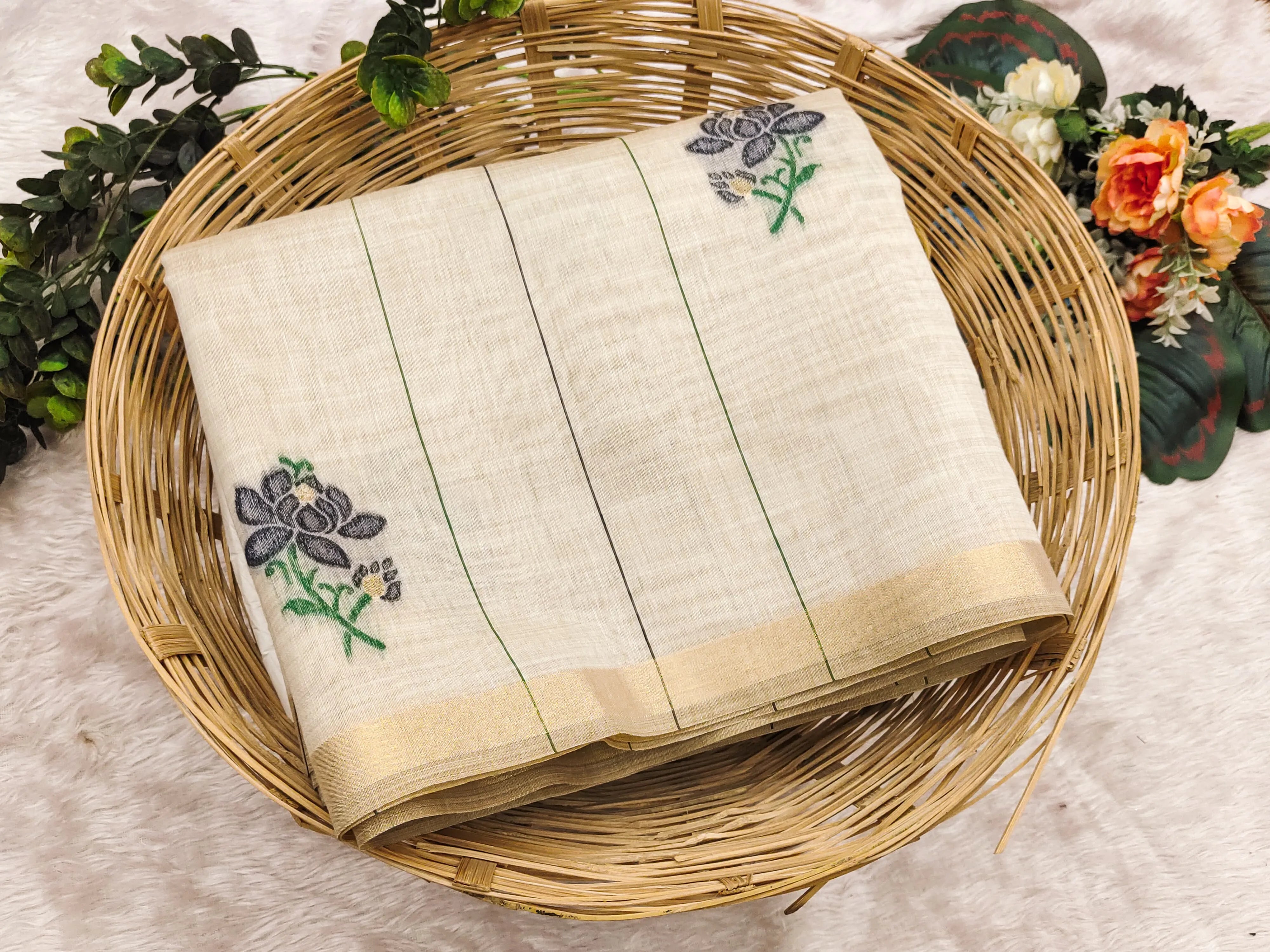 Soft Muga Cotton Saree with Resham Pallu