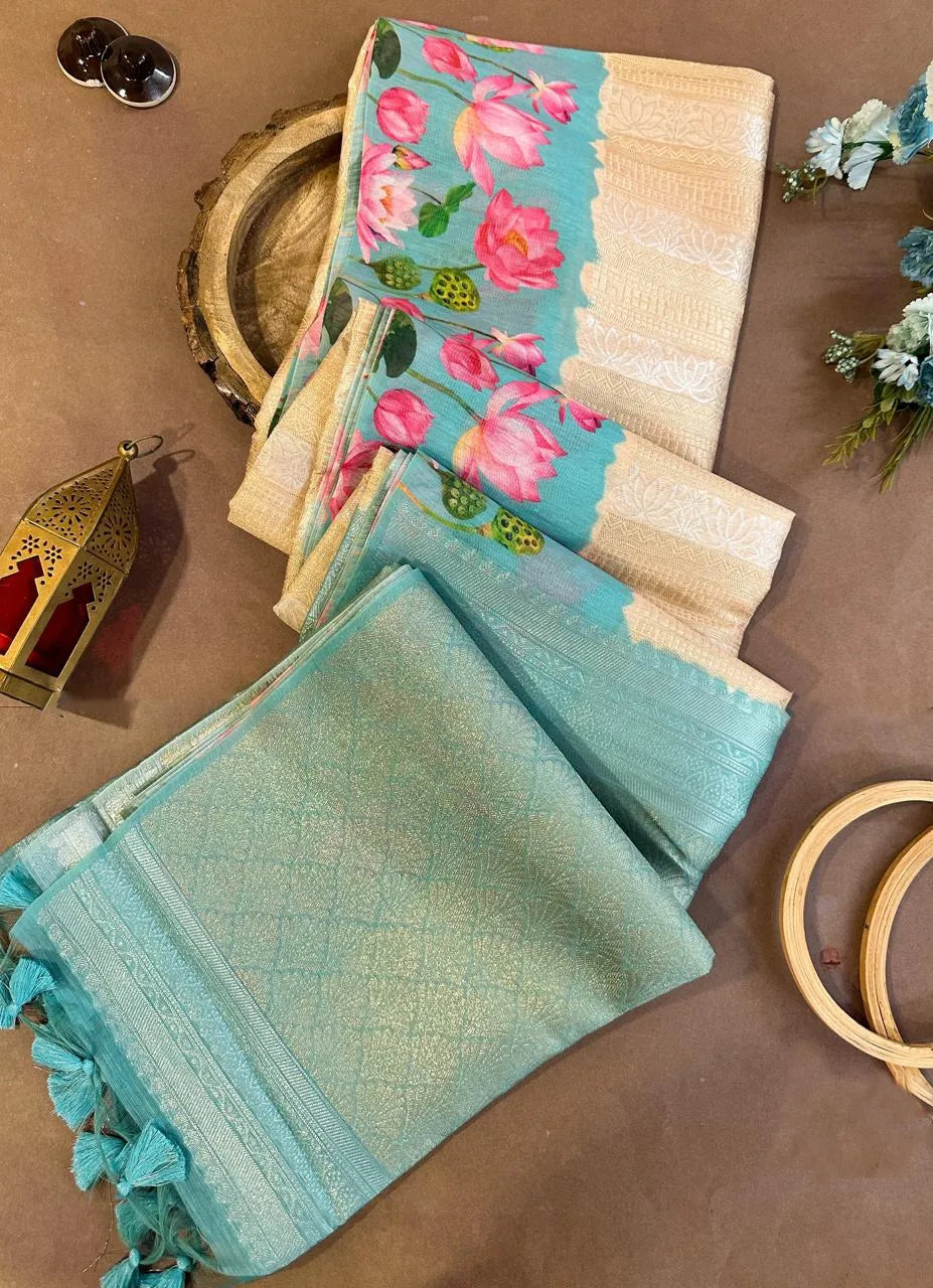 Soft Silk Lotus Pichwai Printed Saree