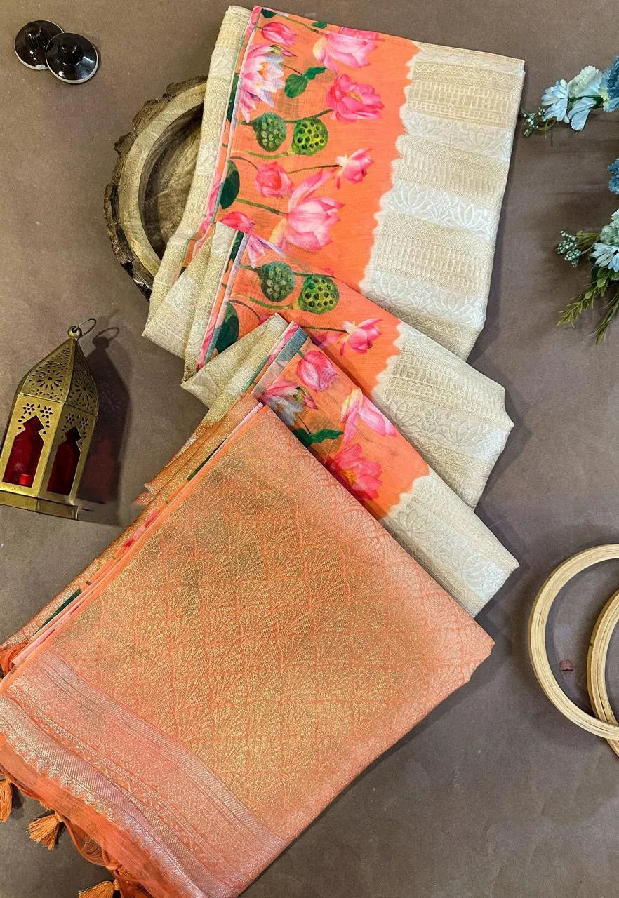 Soft Silk Lotus Pichwai Printed Saree