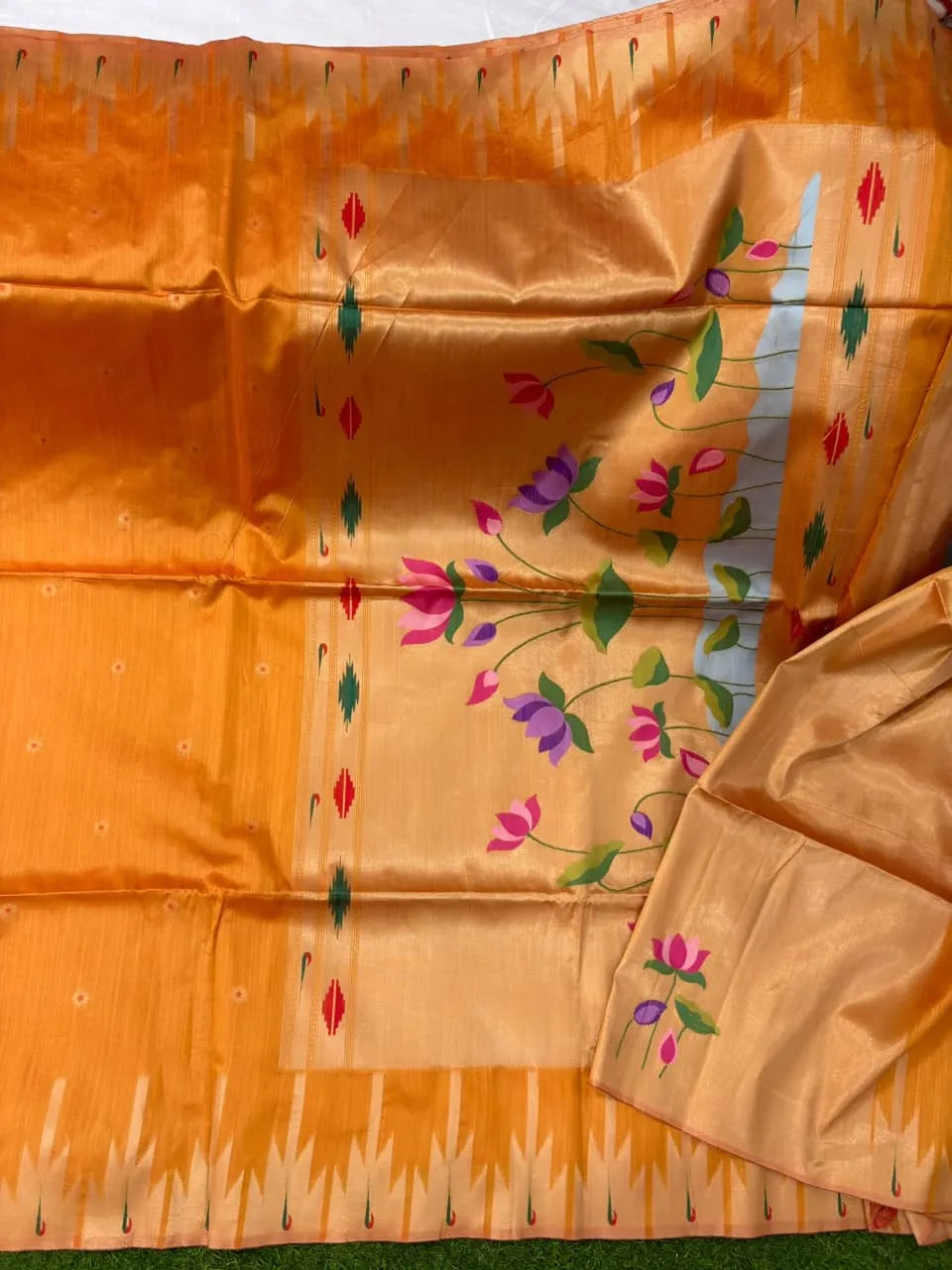 Soft Khadi Raw SIlk Lotus Pallu Paithani Saree