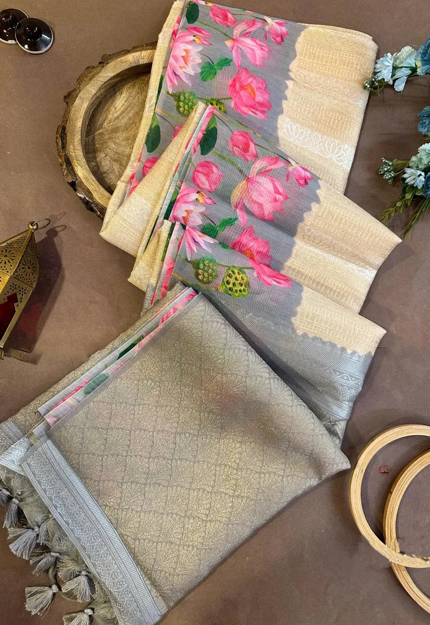 Soft Silk Lotus Pichwai Printed Saree