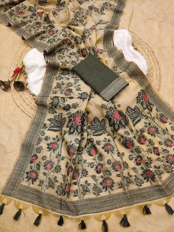 Soft Muga Cotton Floral Jamdani Saree