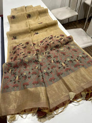 Pichwai Lotus Floral Weaving Muga Cotton Saree