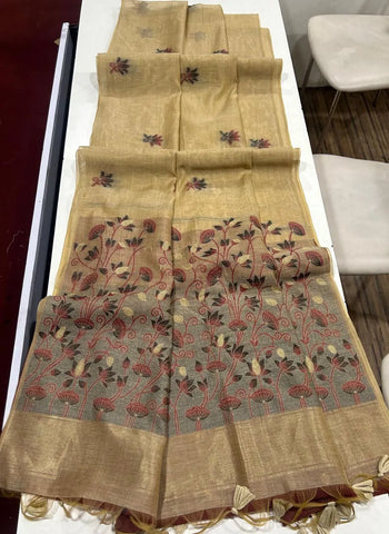 Pichwai Lotus Floral Weaving Muga Cotton Saree