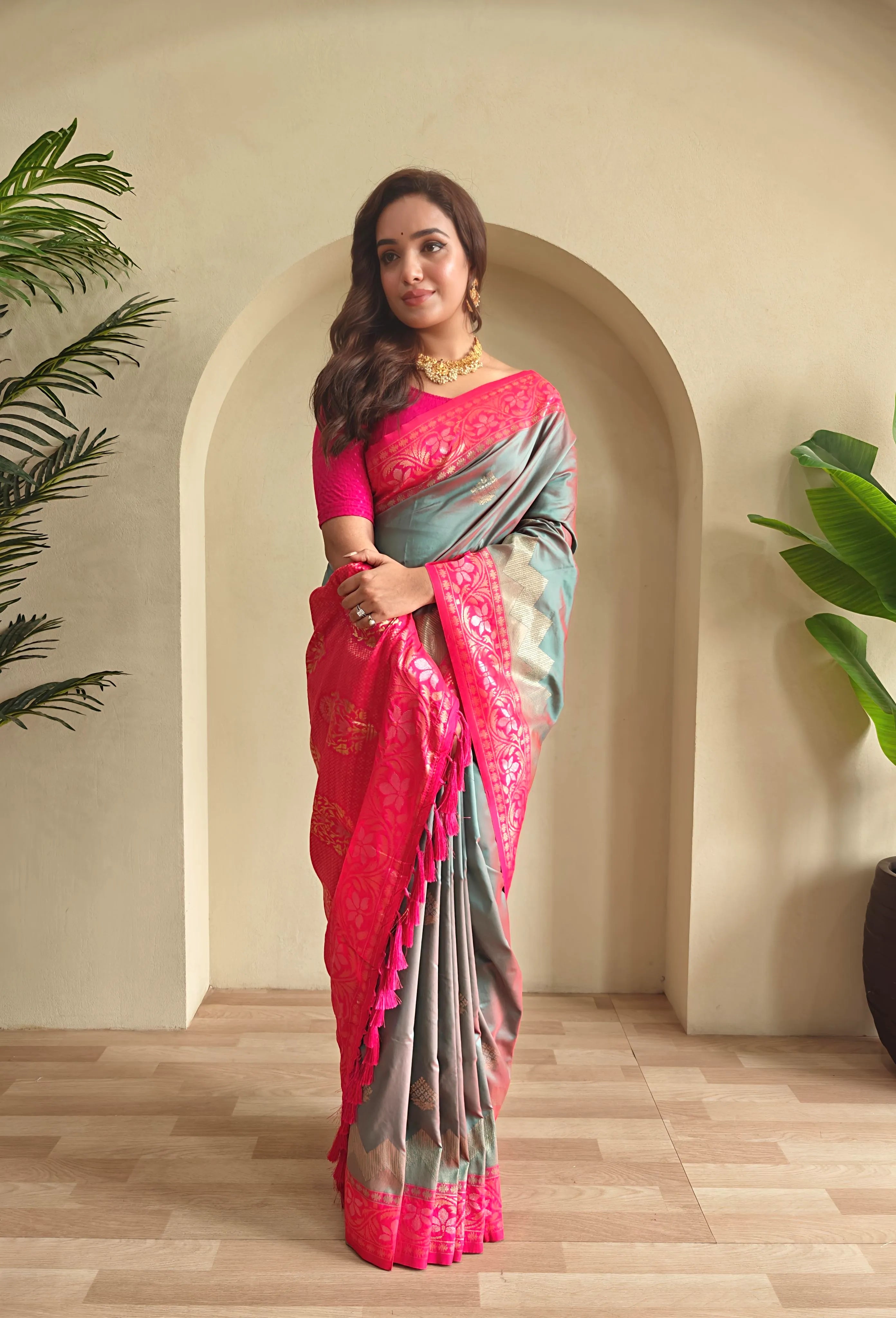 Dual Tone Designer Banarasi Soft Silk Saree