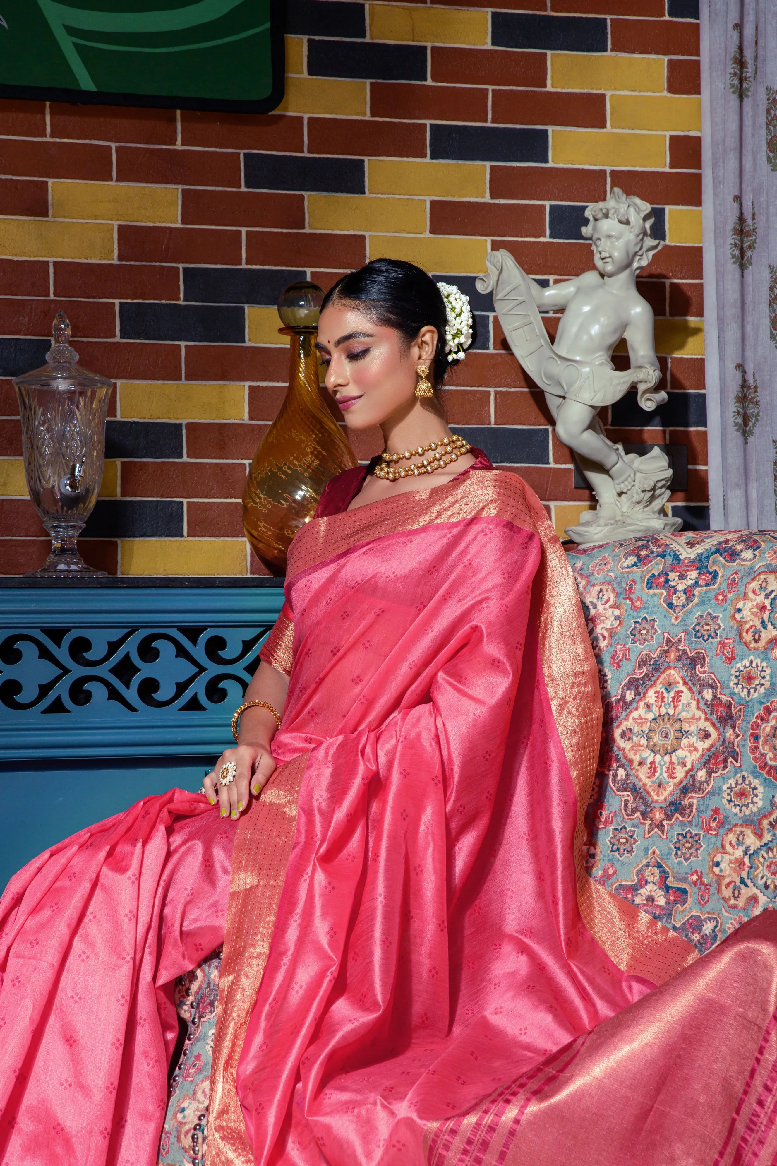 Soft Tussar Silk Bandhani Kantha Border Saree