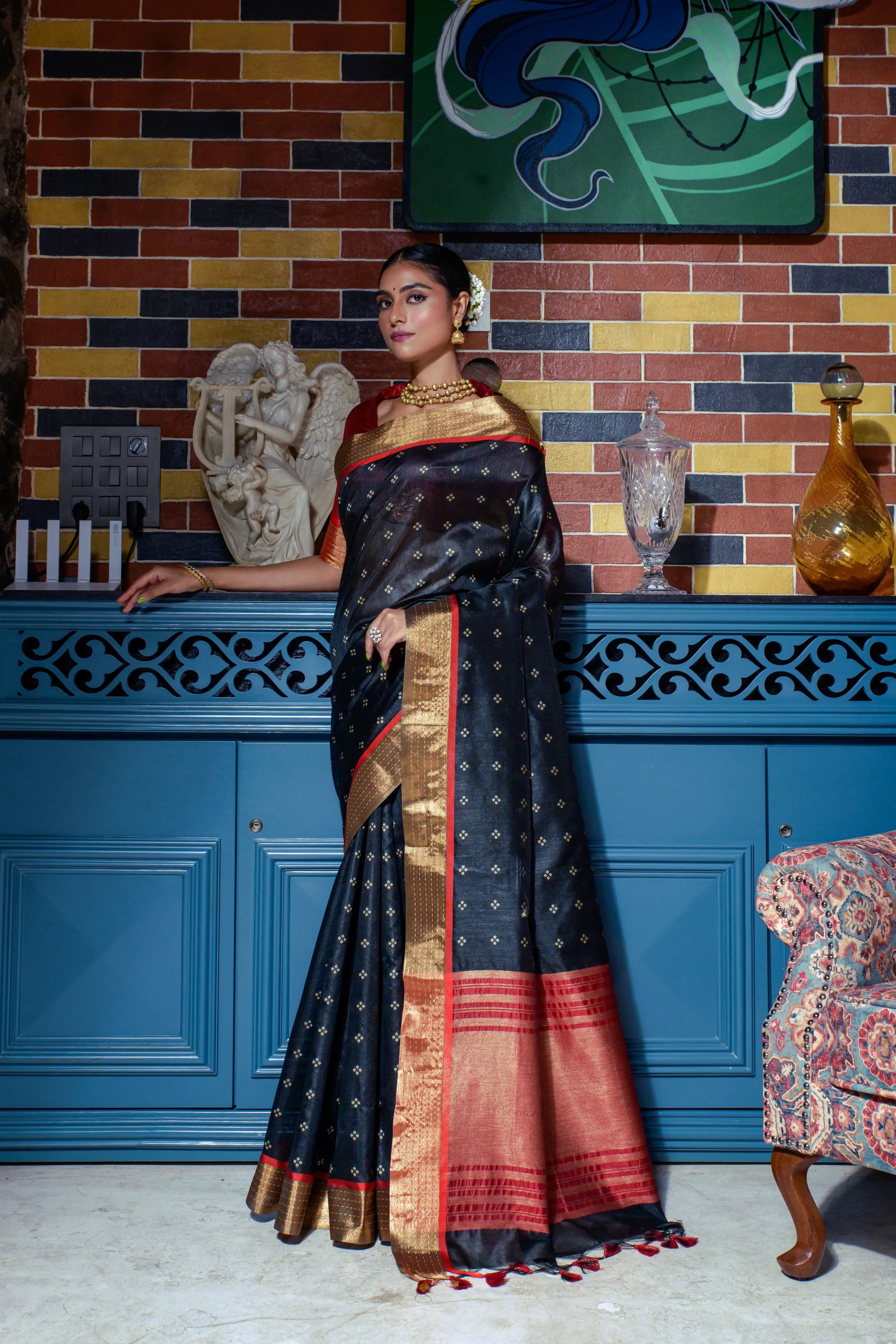 Soft Tussar Silk Bandhani Kantha Border Saree