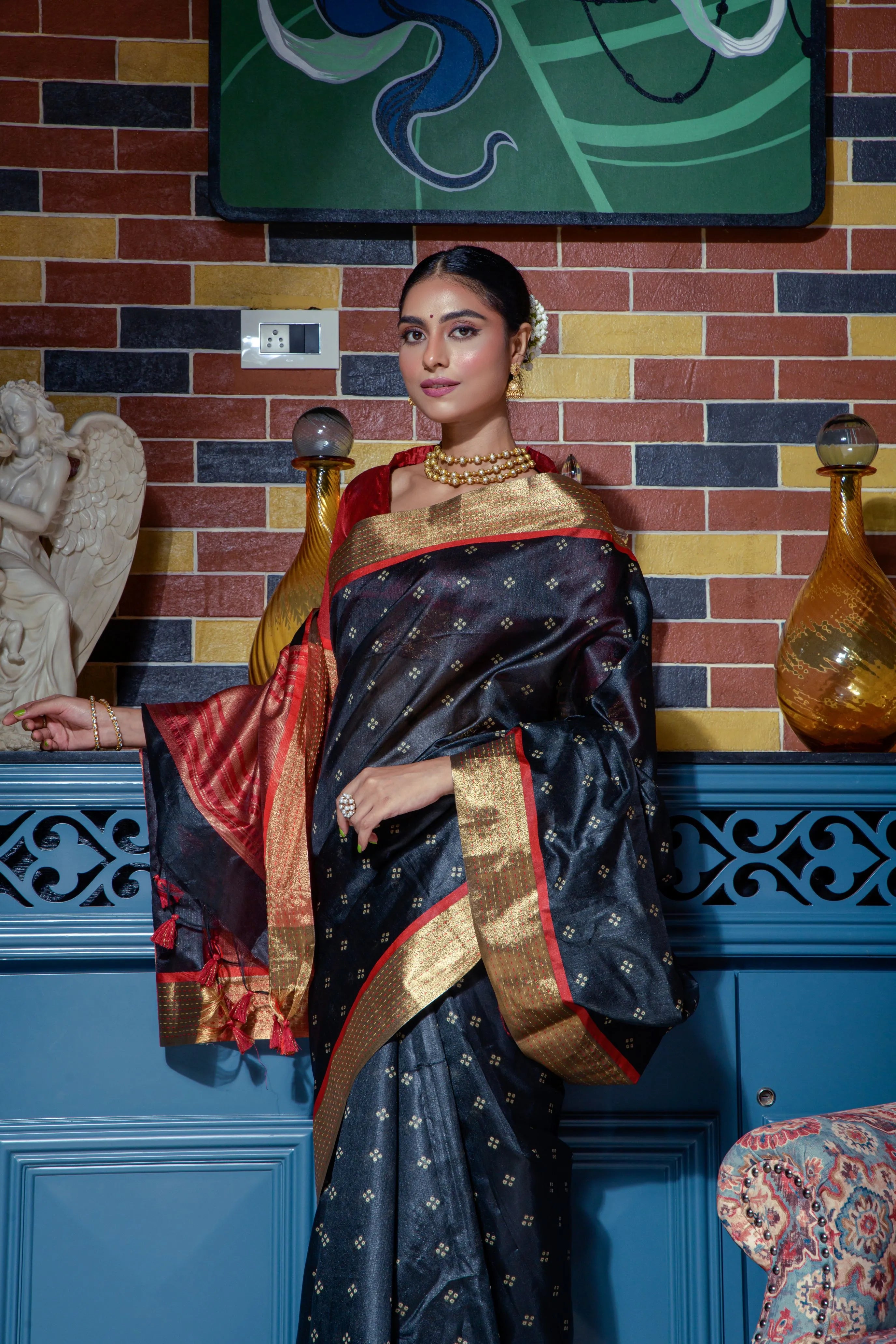 Soft Tussar Silk Bandhani Kantha Border Saree
