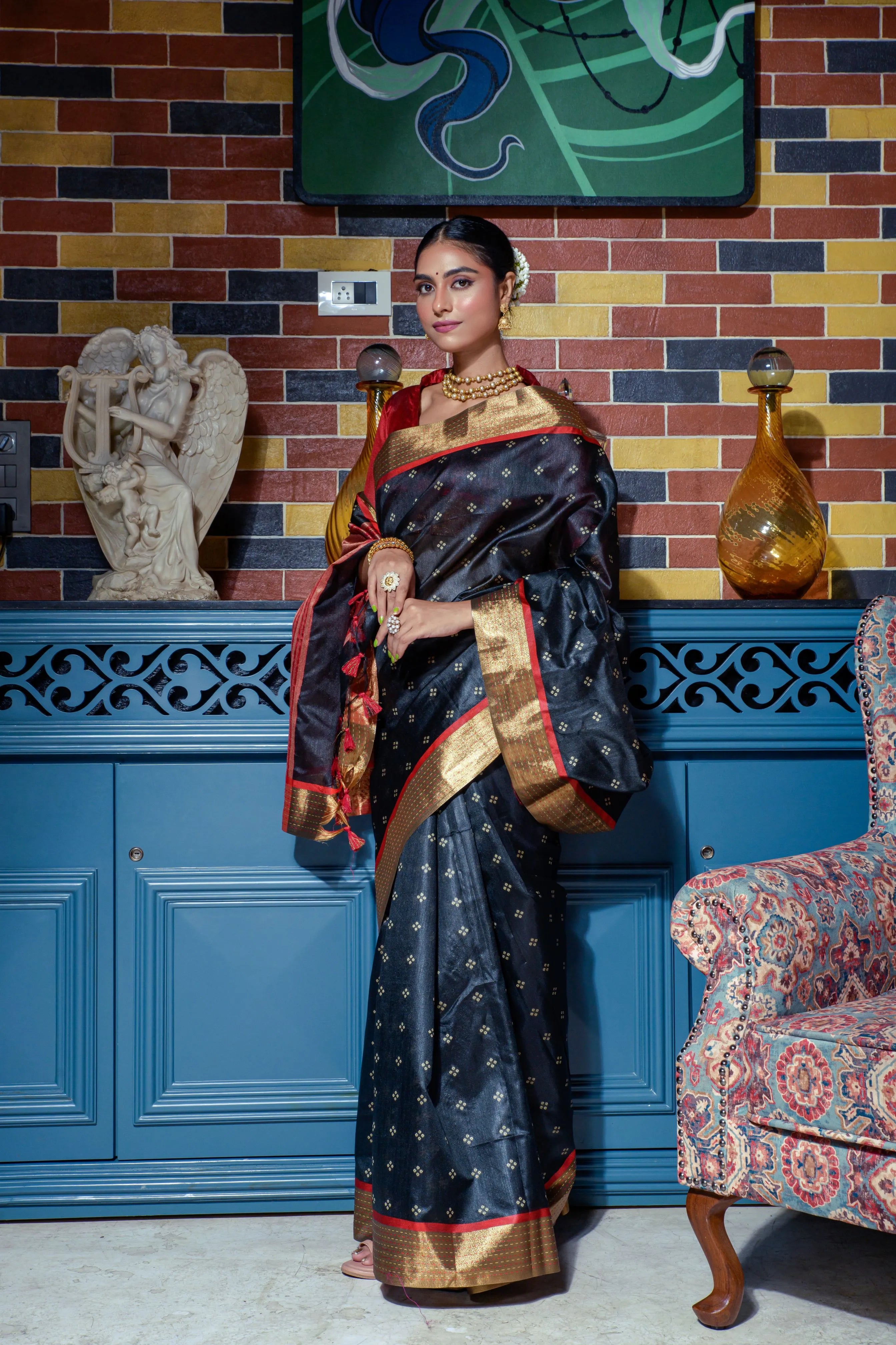 Soft Tussar Silk Bandhani Kantha Border Saree