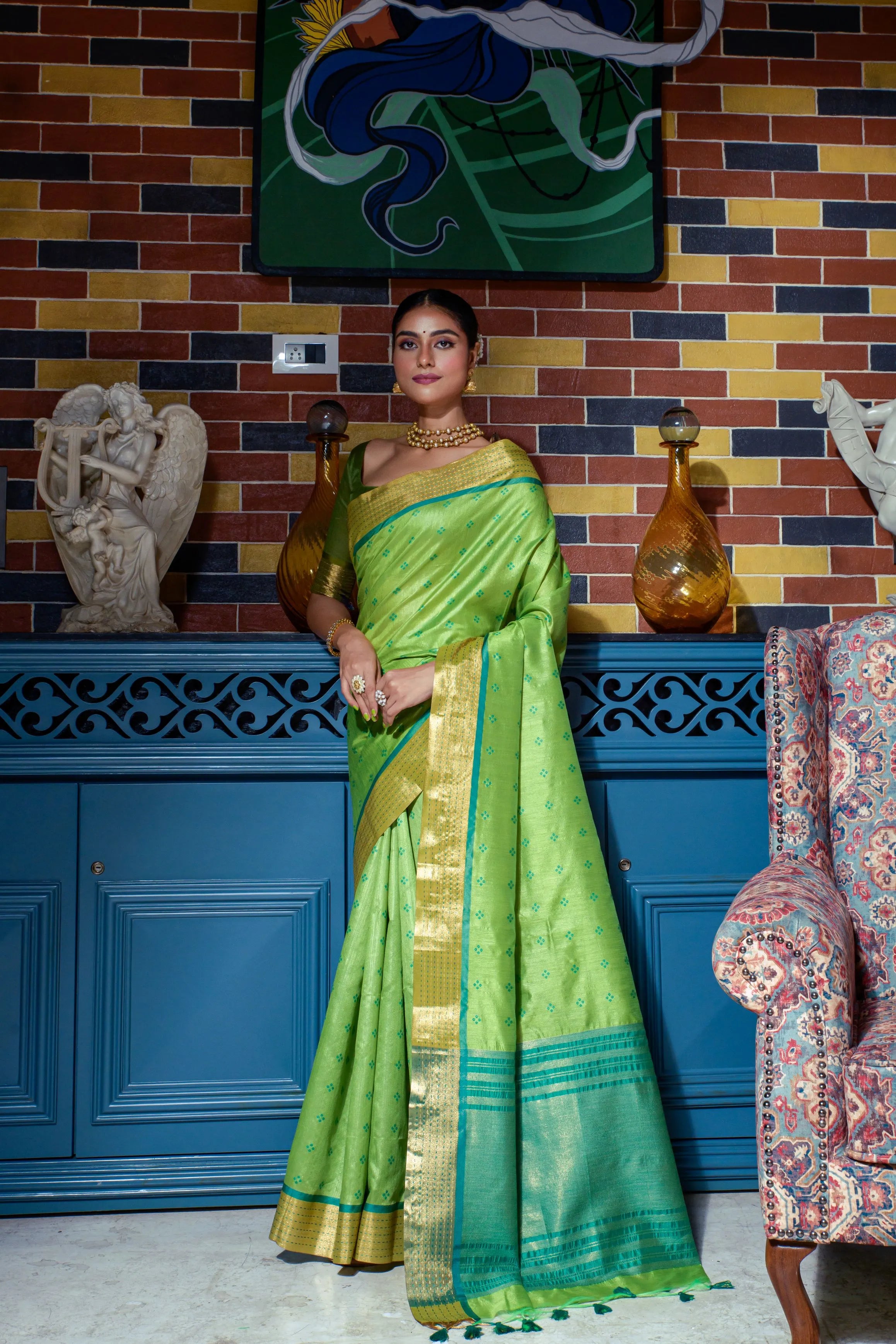 Soft Tussar Silk Bandhani Kantha Border Saree