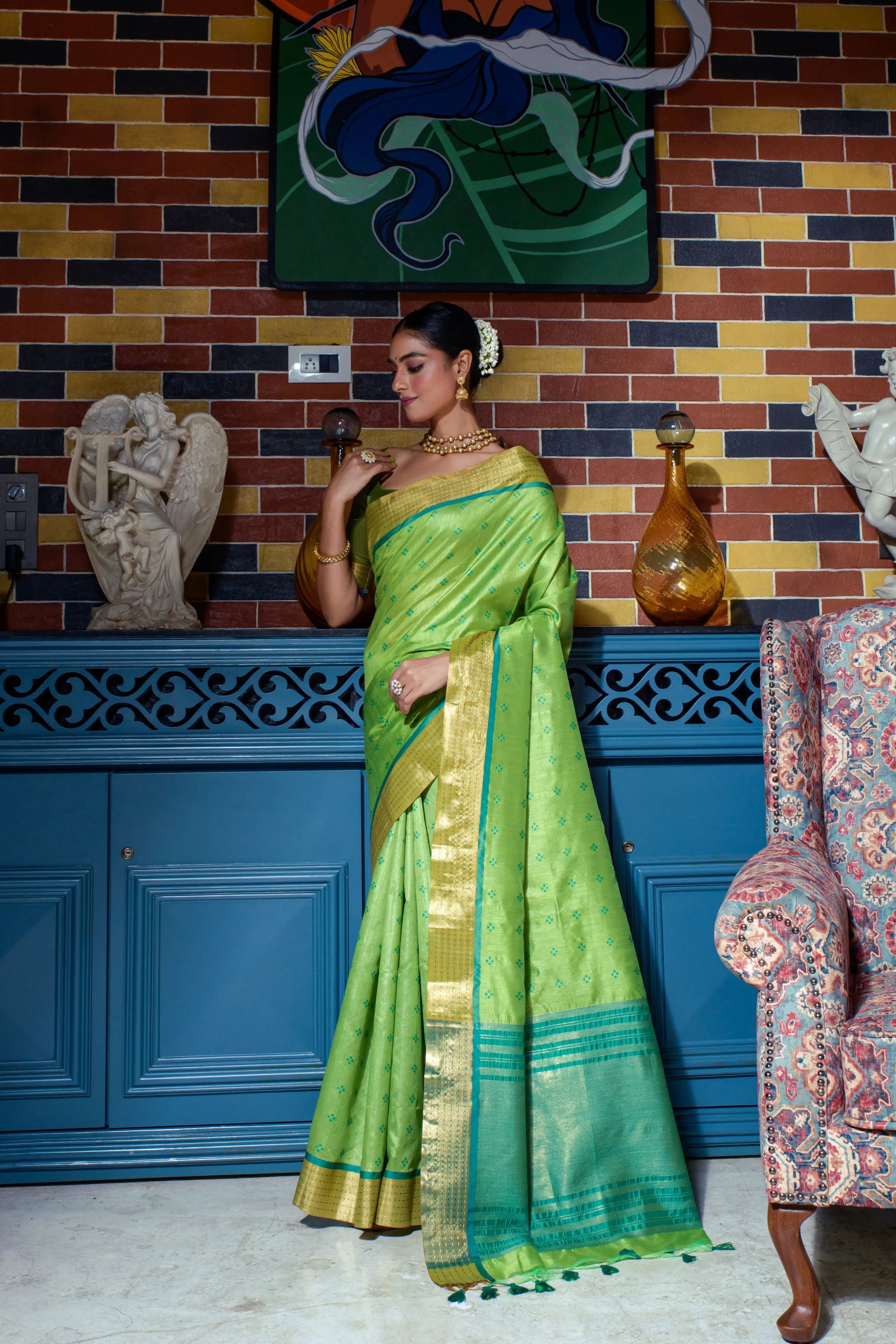 Soft Tussar Silk Bandhani Kantha Border Saree