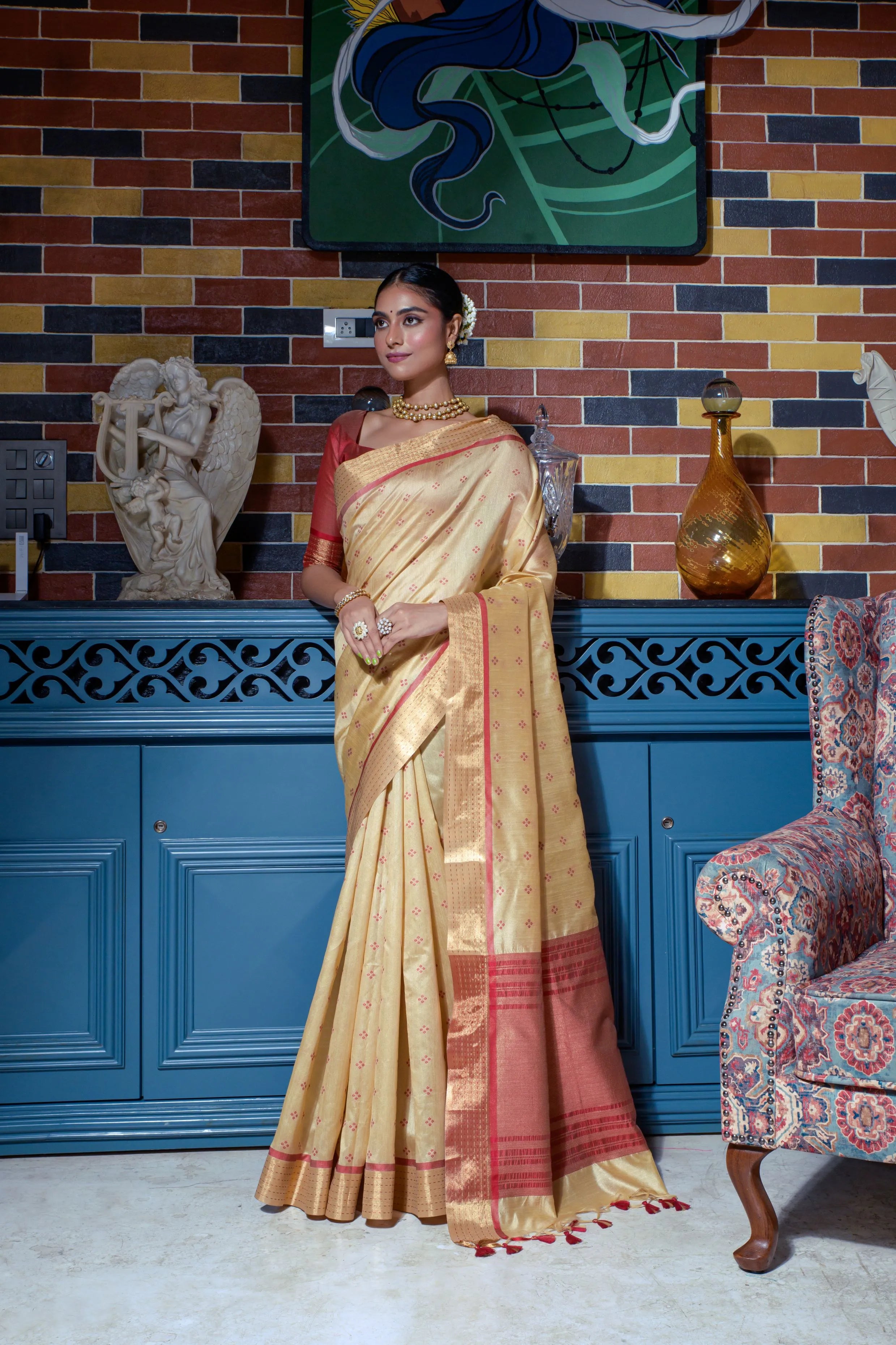 Soft Tussar Silk Bandhani Kantha Border Saree