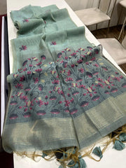 Pichwai Lotus Floral Weaving Muga Cotton Saree