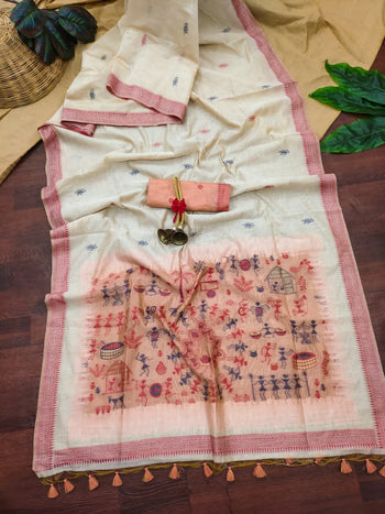 Premium Soft Muga Cotton Saree – Warli Pallu Style