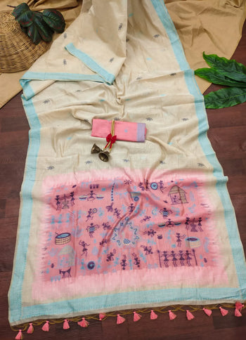 Premium Soft Muga Cotton Saree – Warli Pallu Style