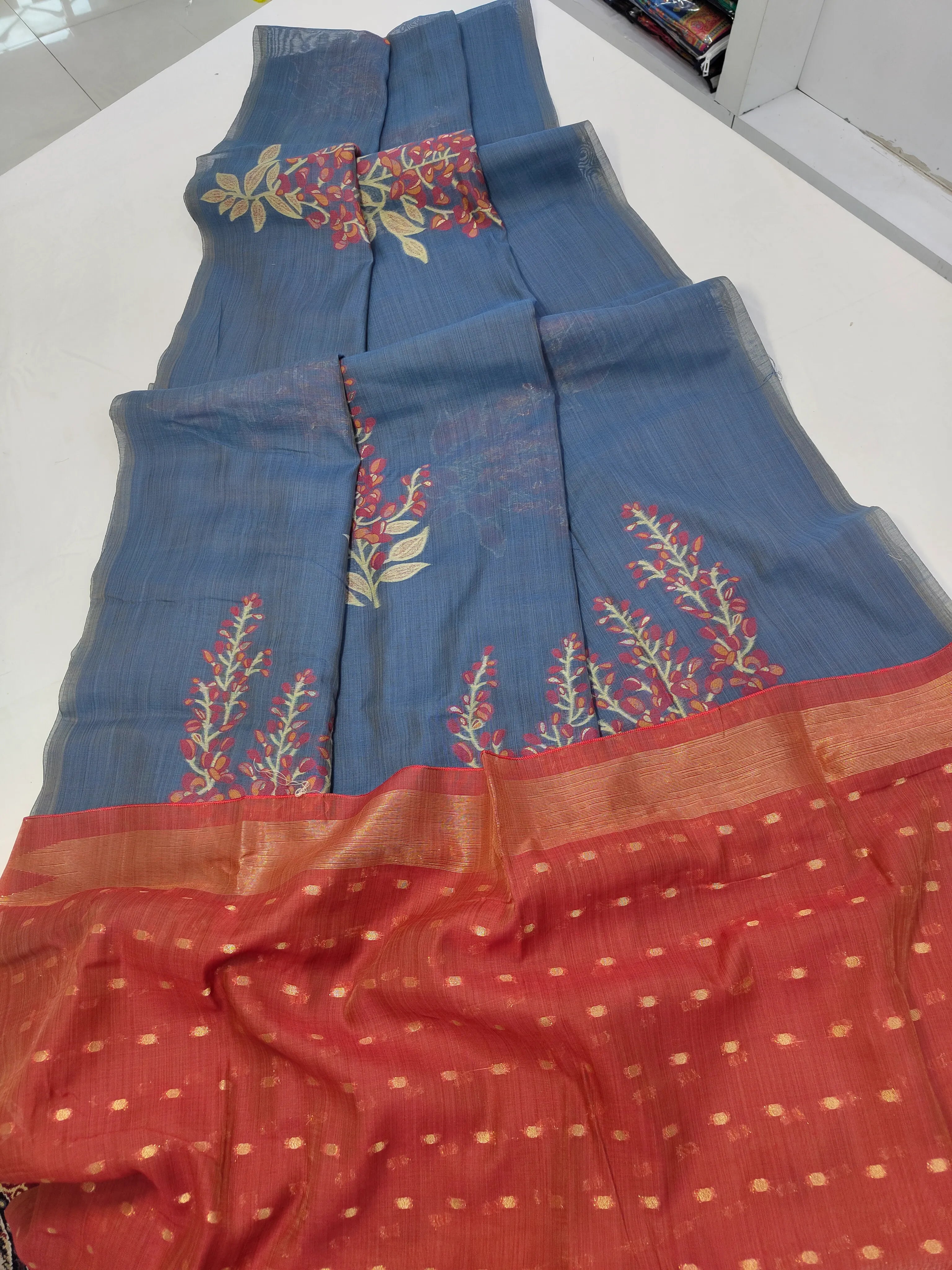 Soft Muga Cotton Floral Design Saree