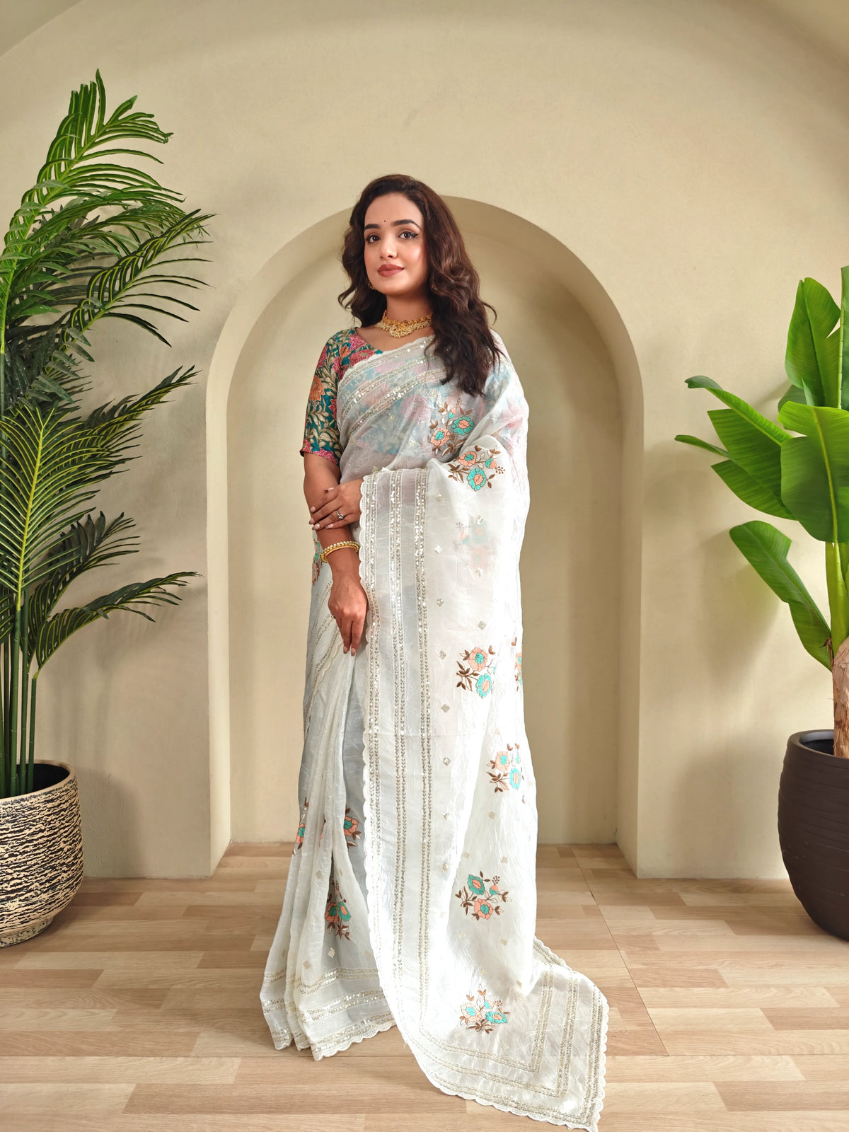 Premium Crush Silk Printed Organza Saree