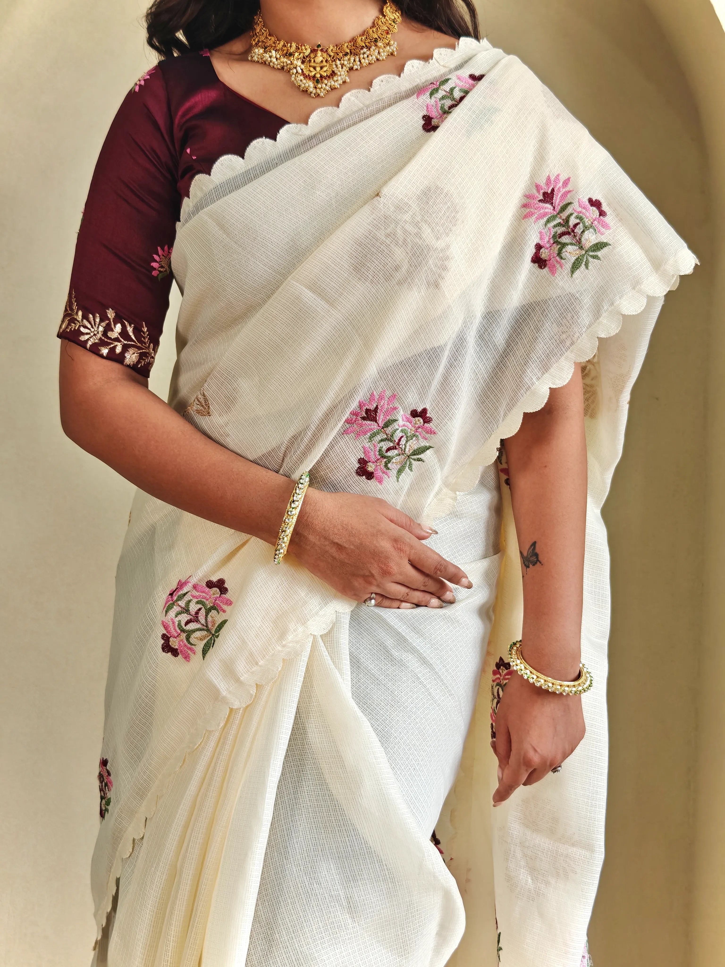 Kota Doriya Chex Pattern Designer Embroidery Work Saree