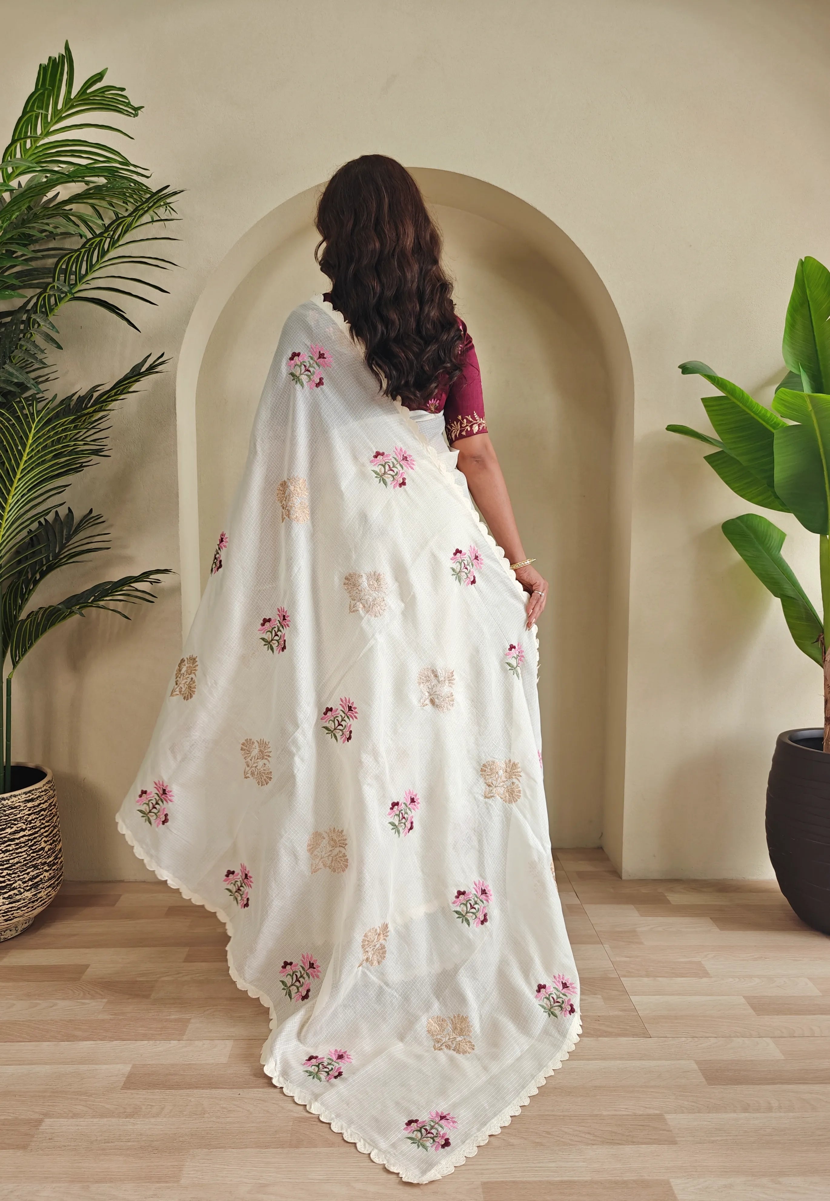 Kota Doriya Chex Pattern Designer Embroidery Work Saree