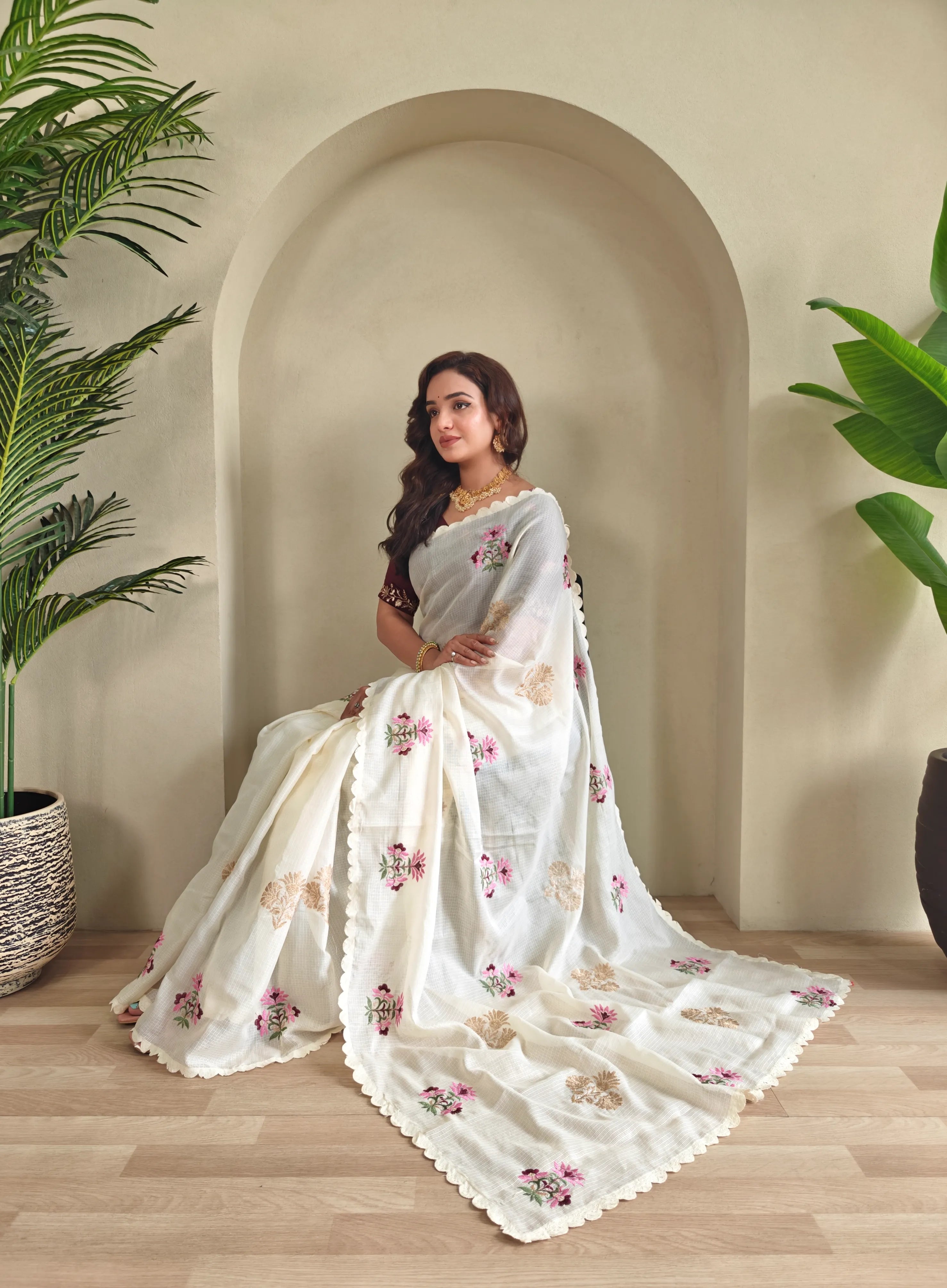 Kota Doriya Chex Pattern Designer Embroidery Work Saree