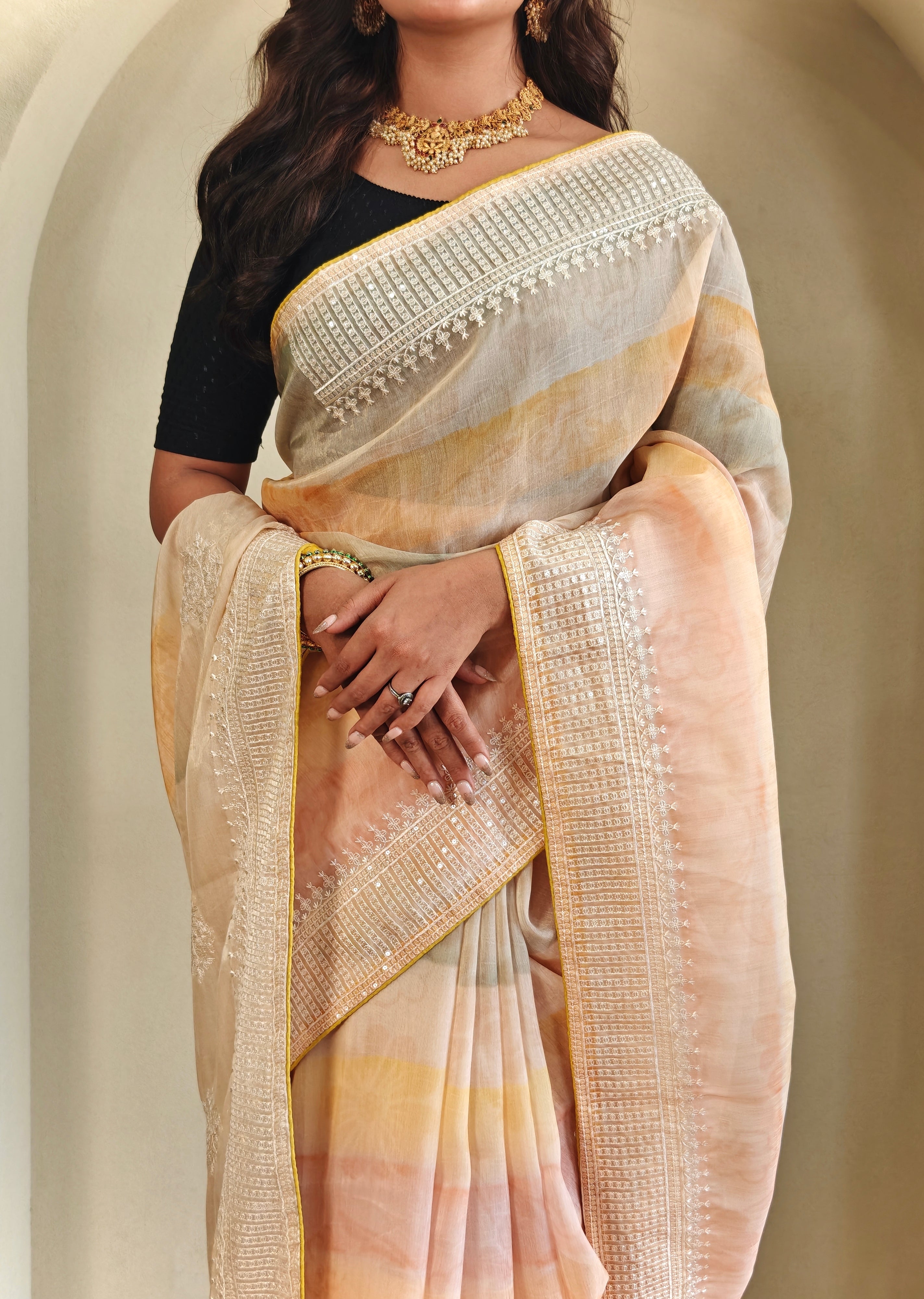 Marigold Organza Digital Printed Saree