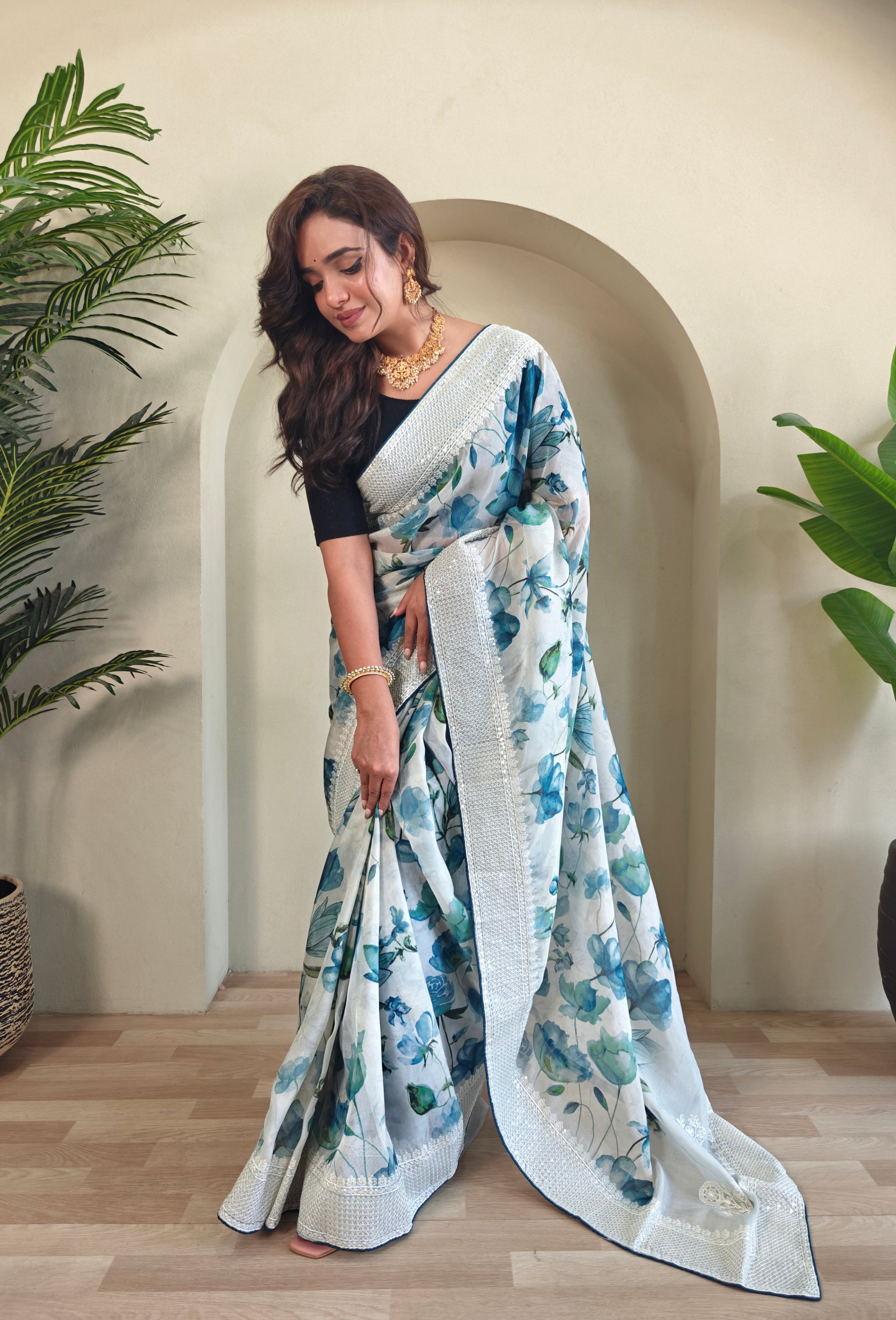 Marigold Organza Digital Printed Saree