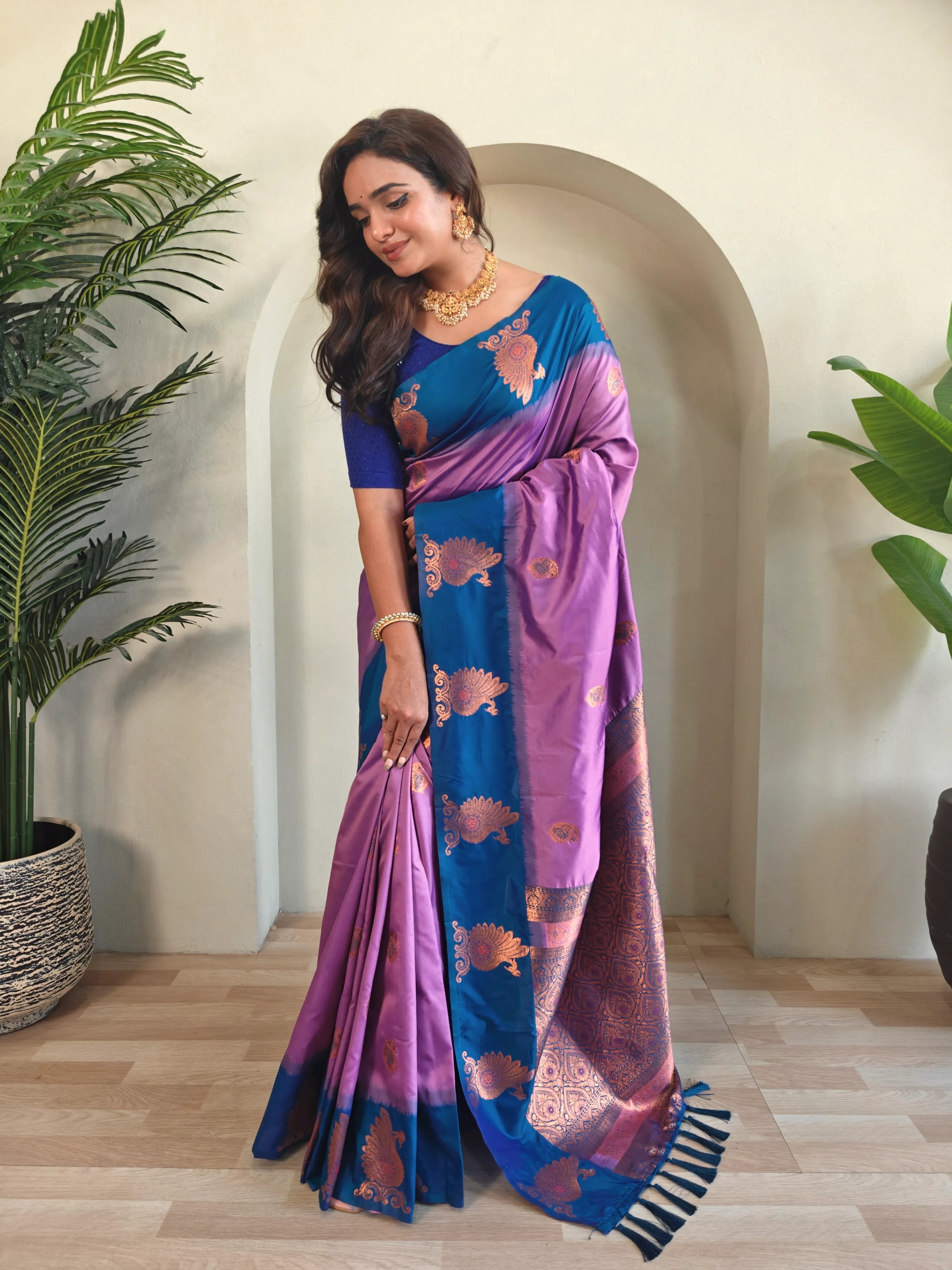 Dual Tone Unique Peacock Border Soft Silk Saree