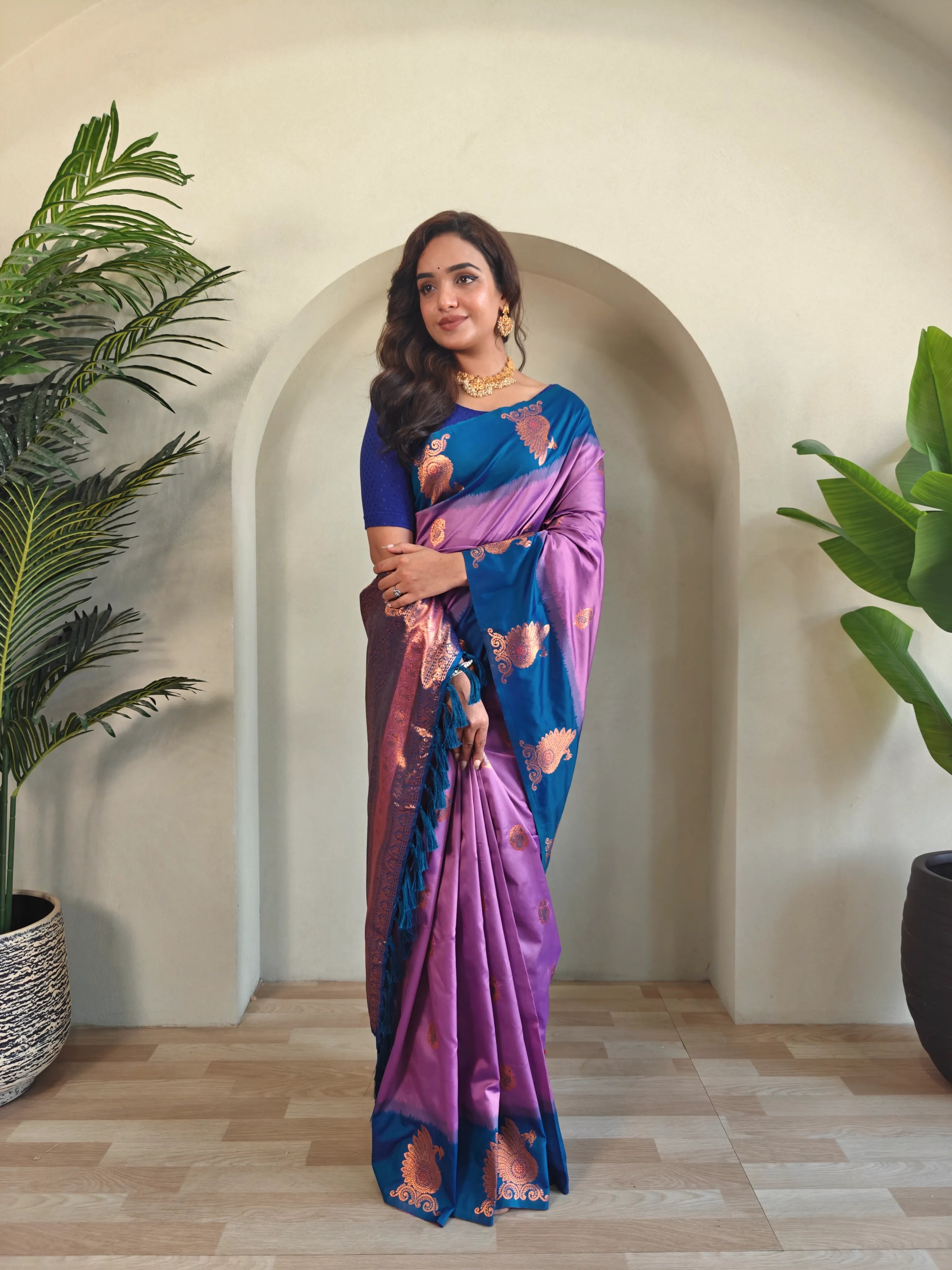 Dual Tone Unique Peacock Border Soft Silk Saree