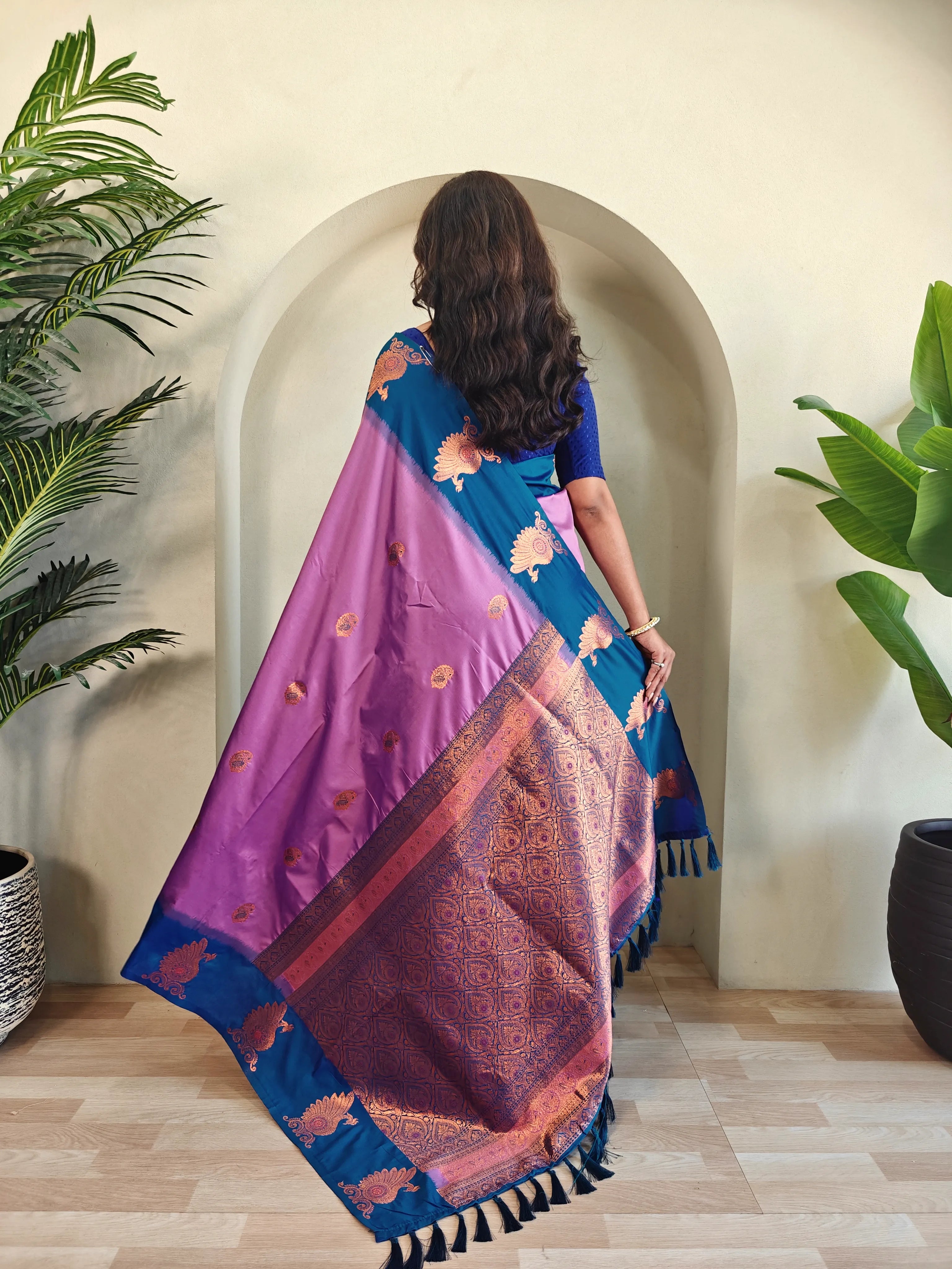 Dual Tone Unique Peacock Border Soft Silk Saree