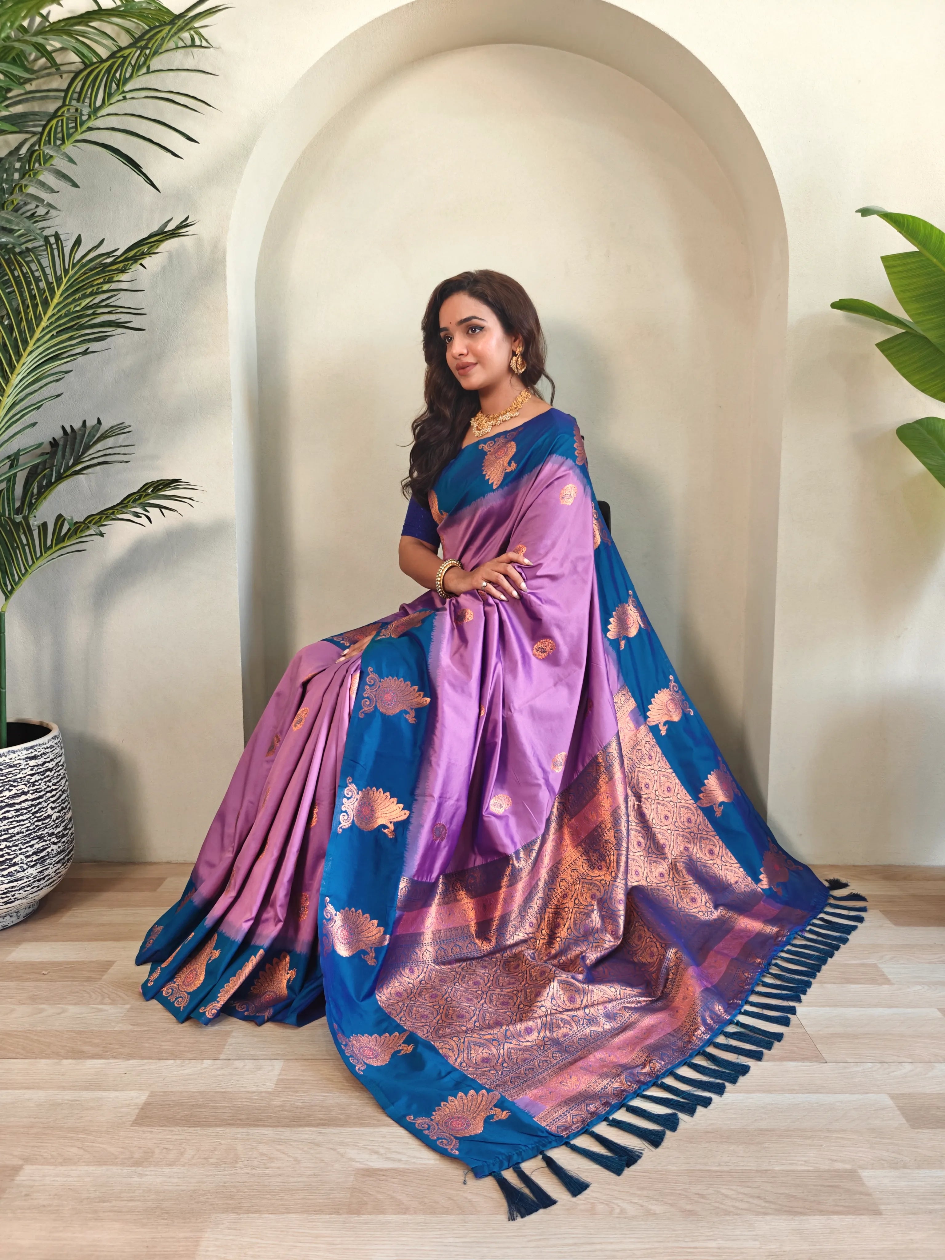 Dual Tone Unique Peacock Border Soft Silk Saree
