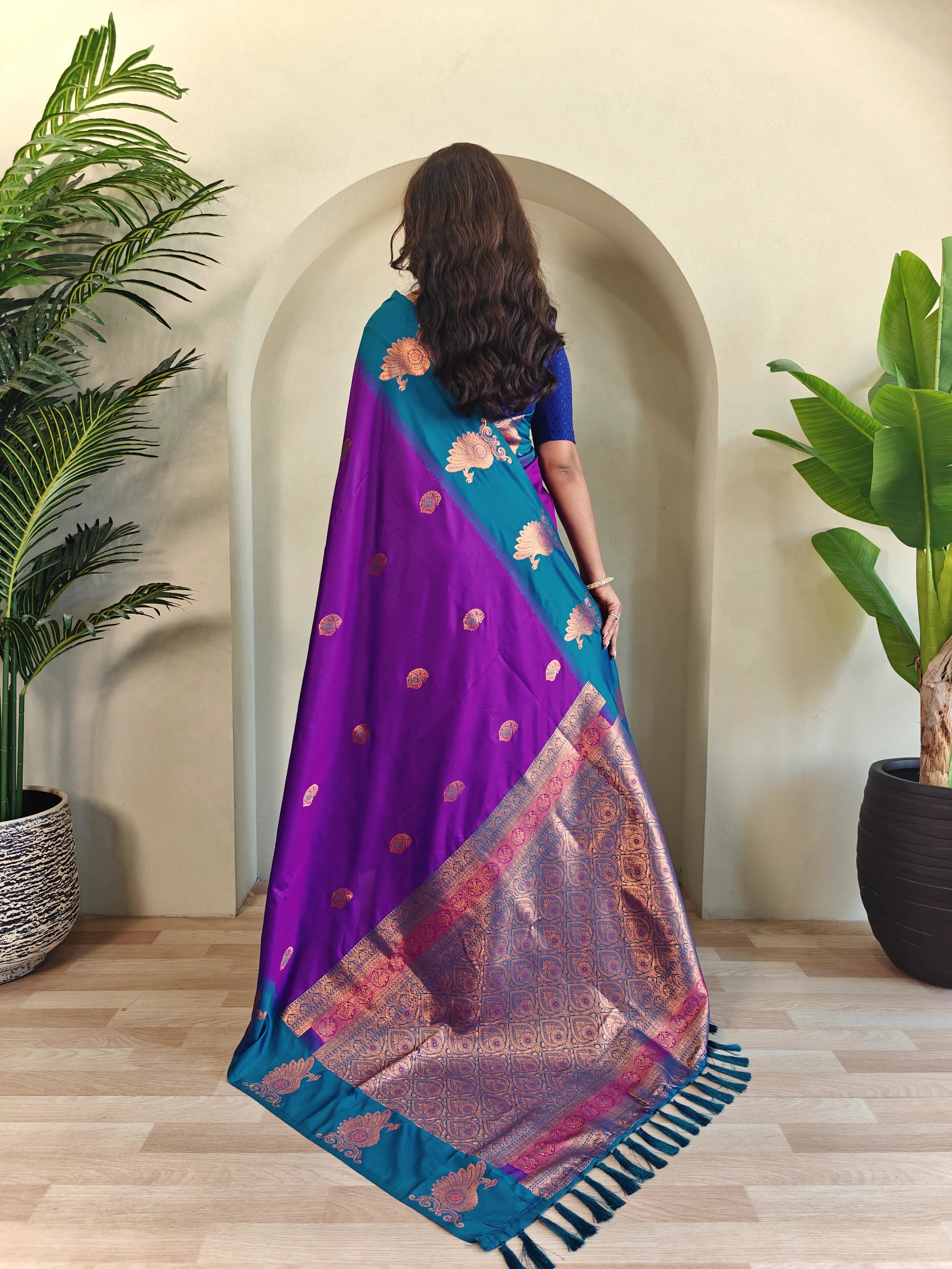 Dual Tone Unique Peacock Border Soft Silk Saree