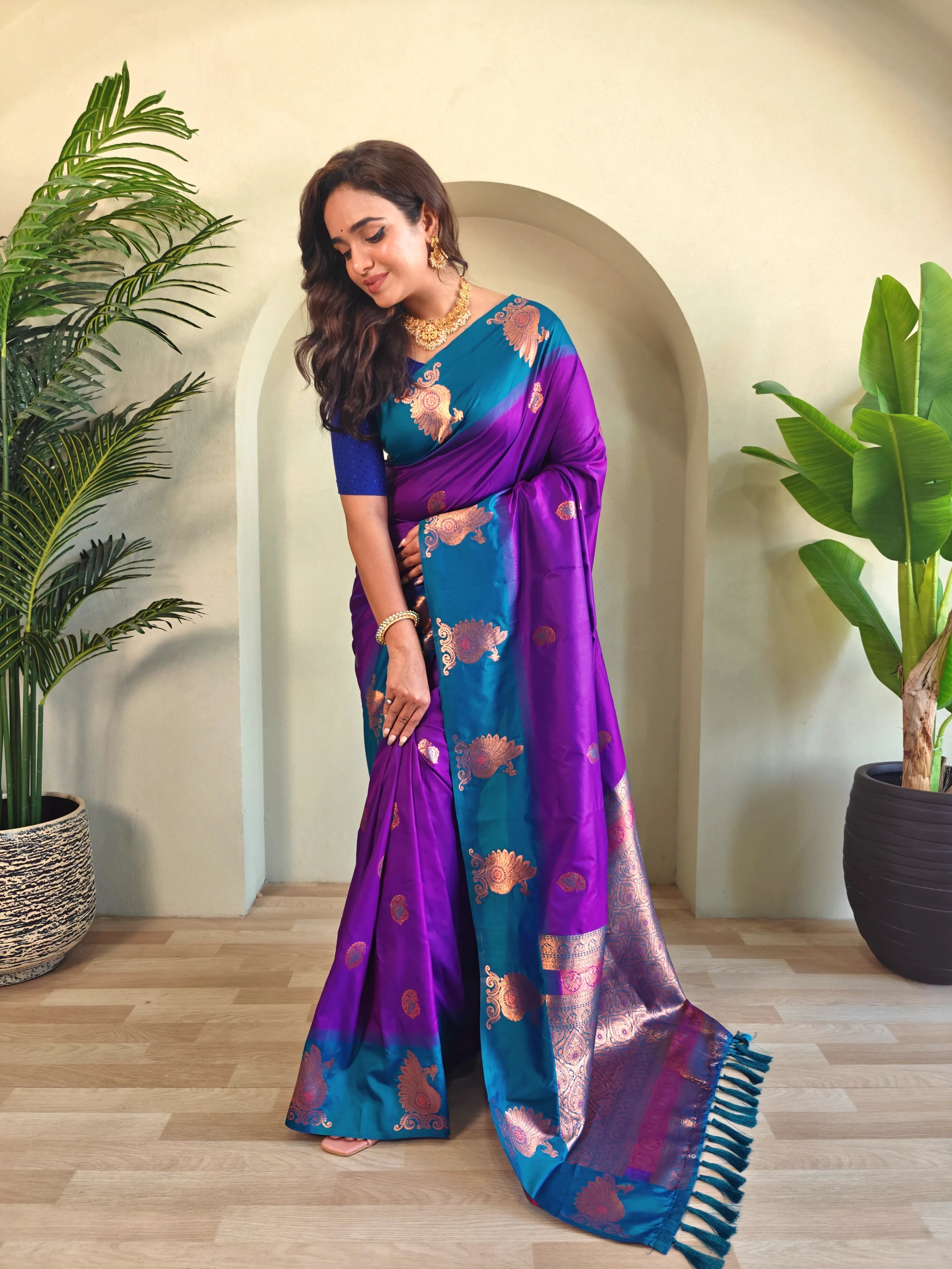 Dual Tone Unique Peacock Border Soft Silk Saree