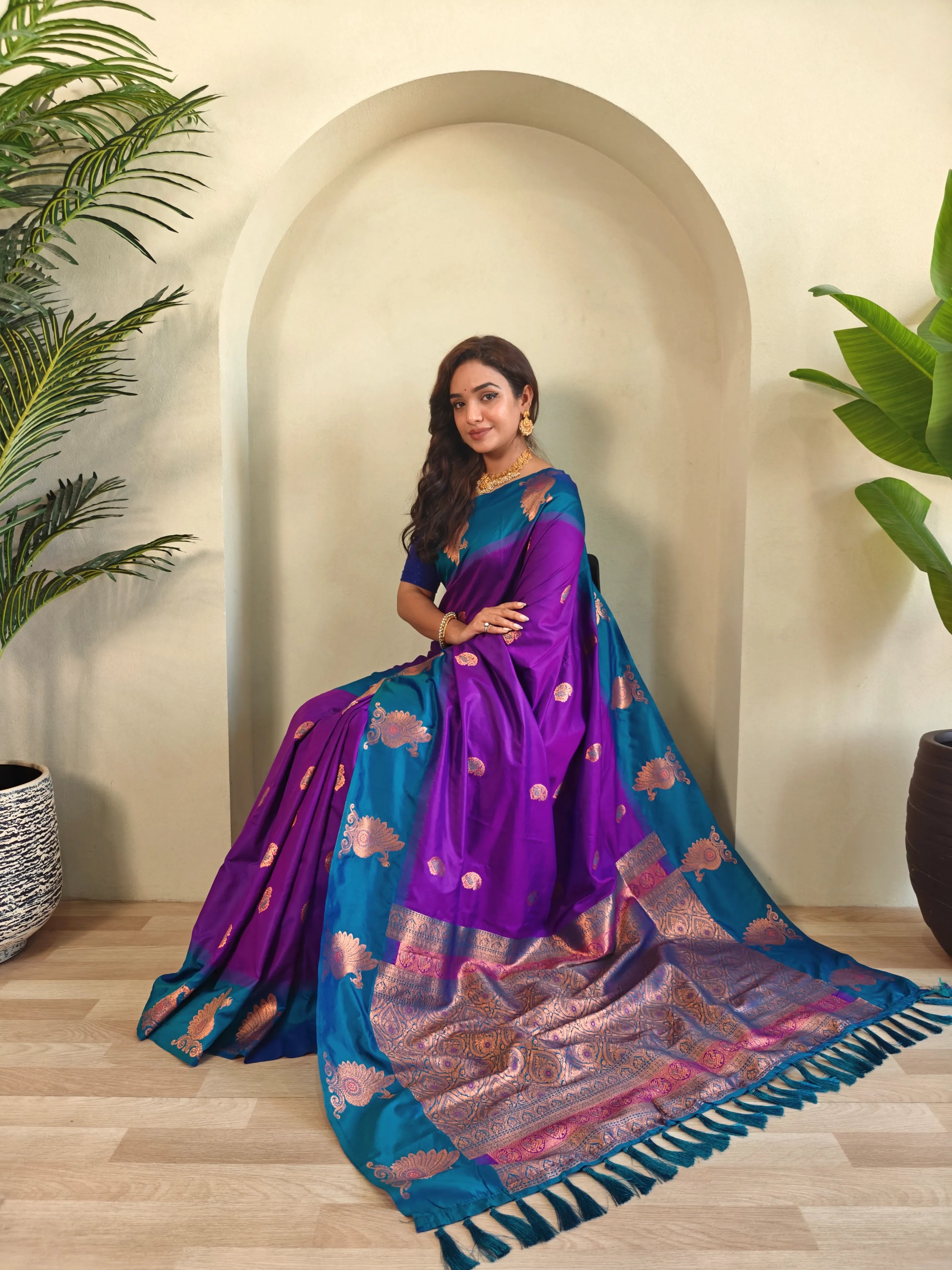 Dual Tone Unique Peacock Border Soft Silk Saree