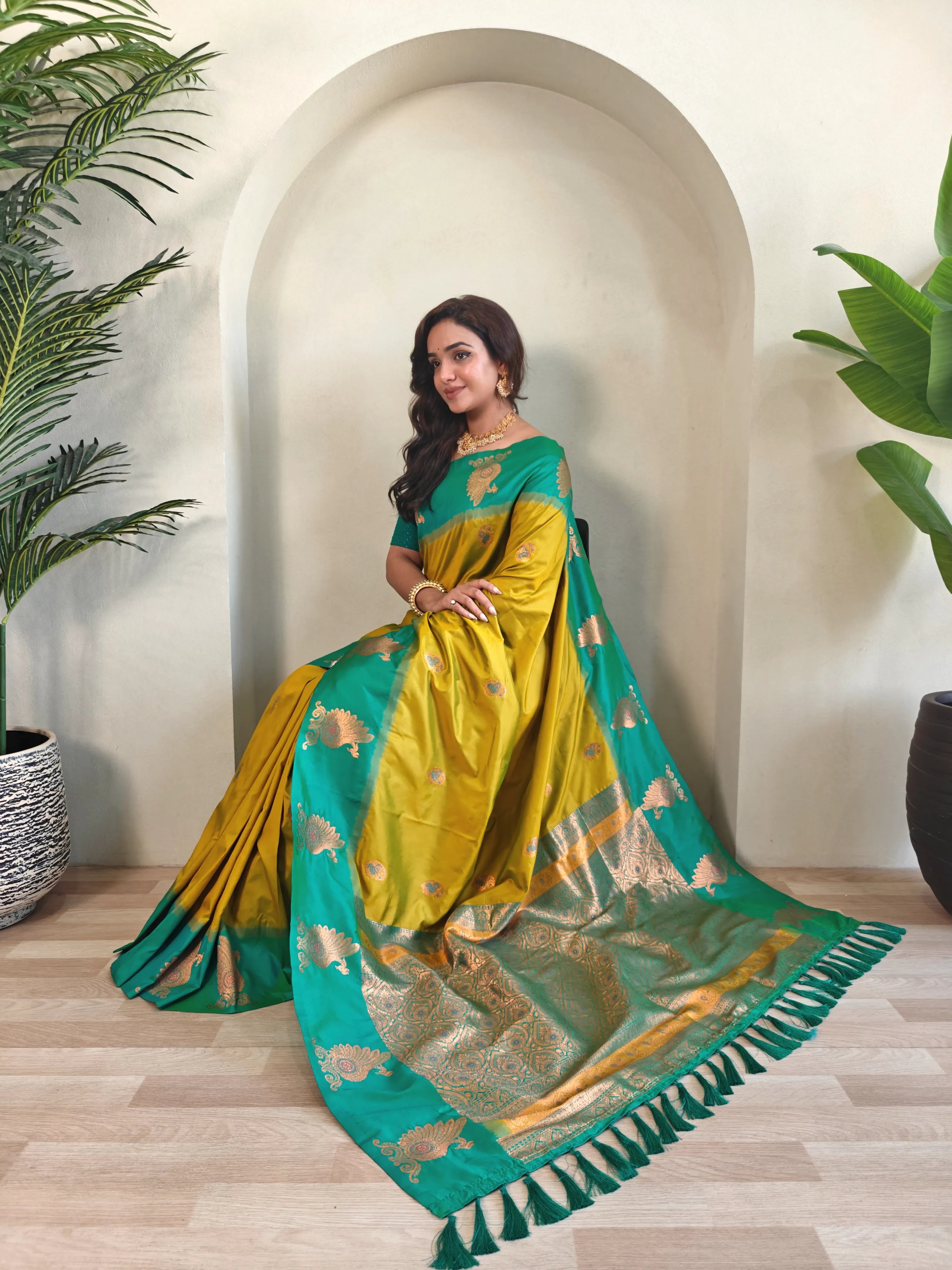 Dual Tone Unique Peacock Border Soft Silk Saree