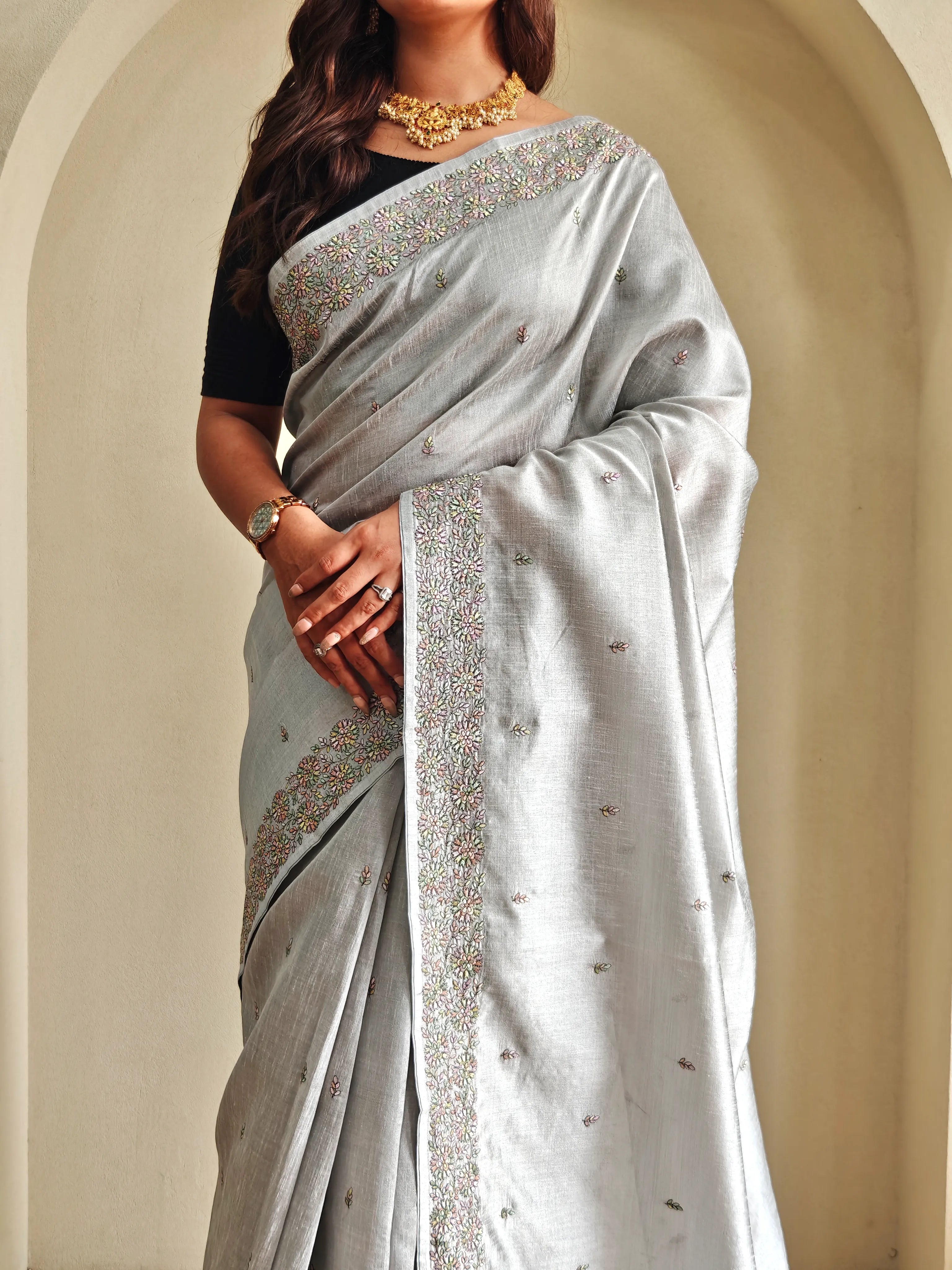 Designer Tussar Embroidered Saree