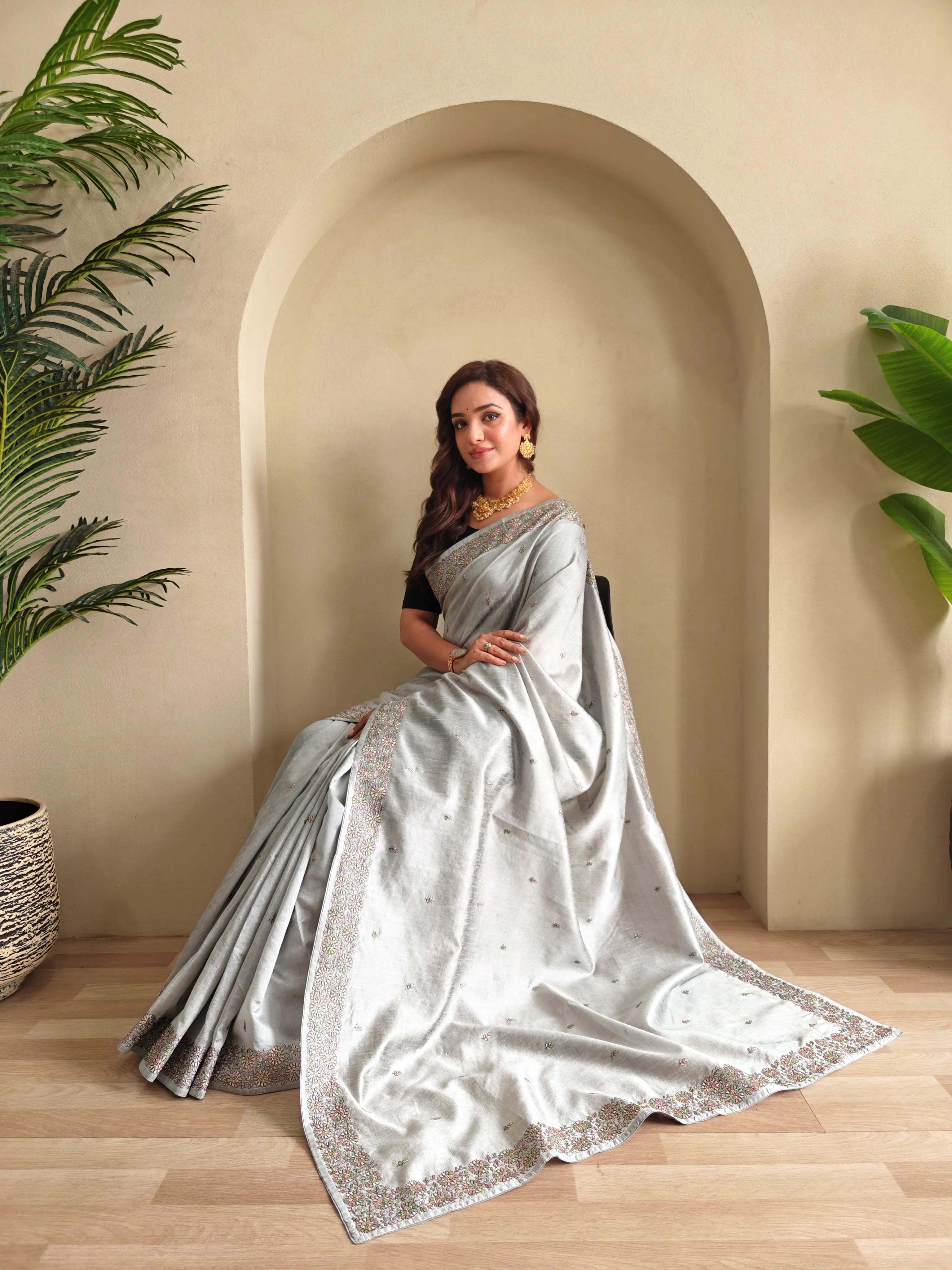 Designer Tussar Embroidered Saree