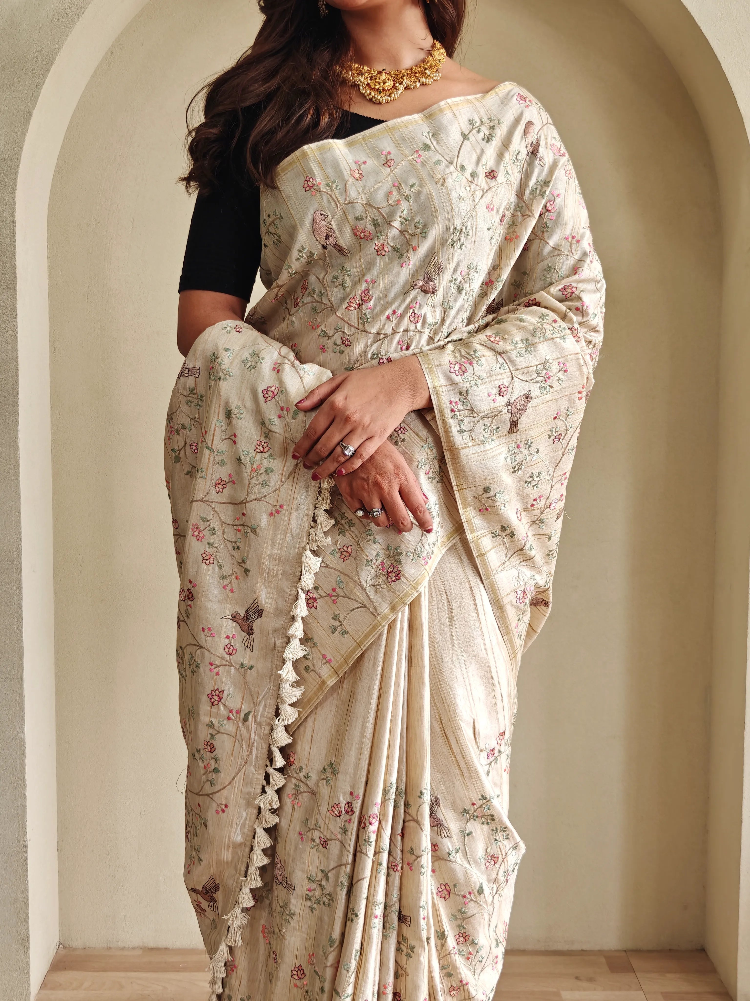 Tussar Designer Embroidery Saree